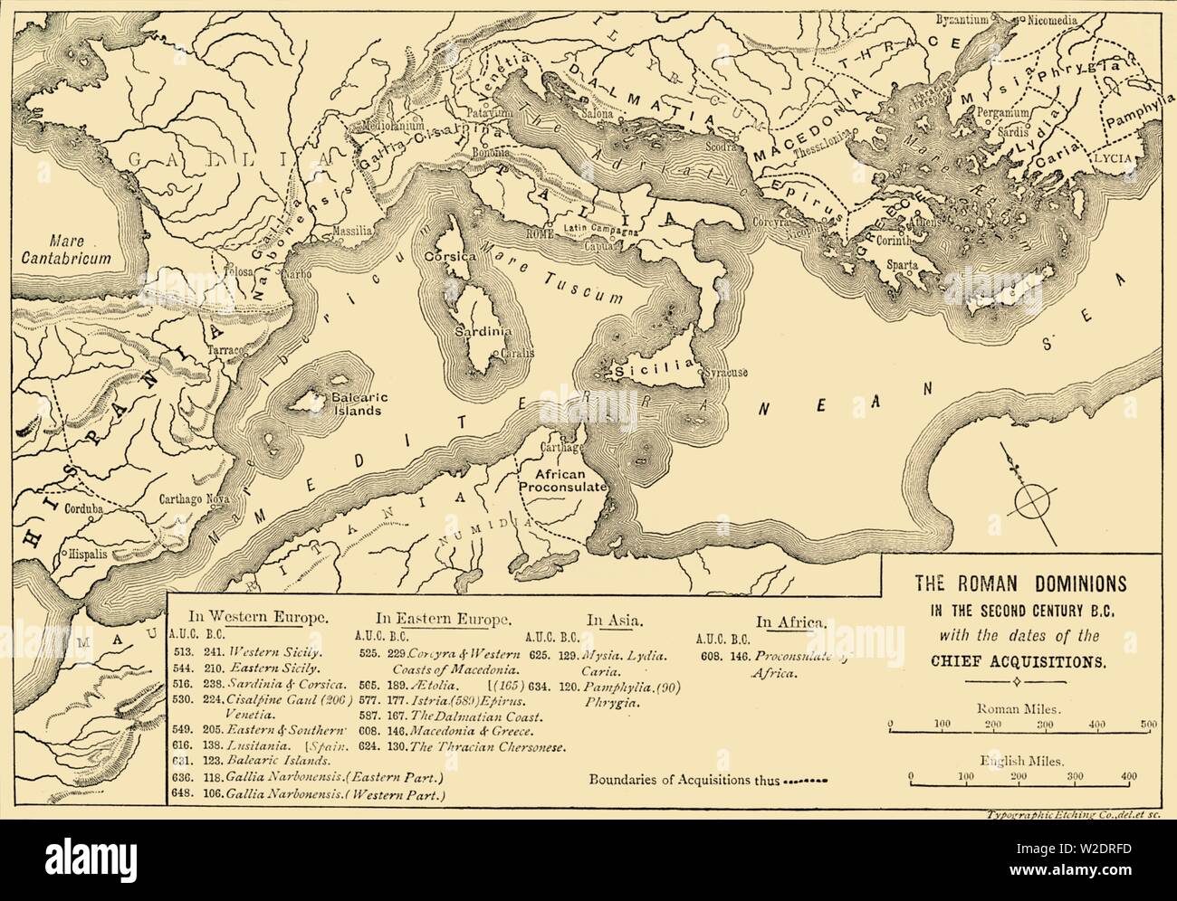 'The Roman Dominions in the Second Century B.C. with the dates of the Chief Acquistions', 1890.   Creator: Unknown. Stock Photo