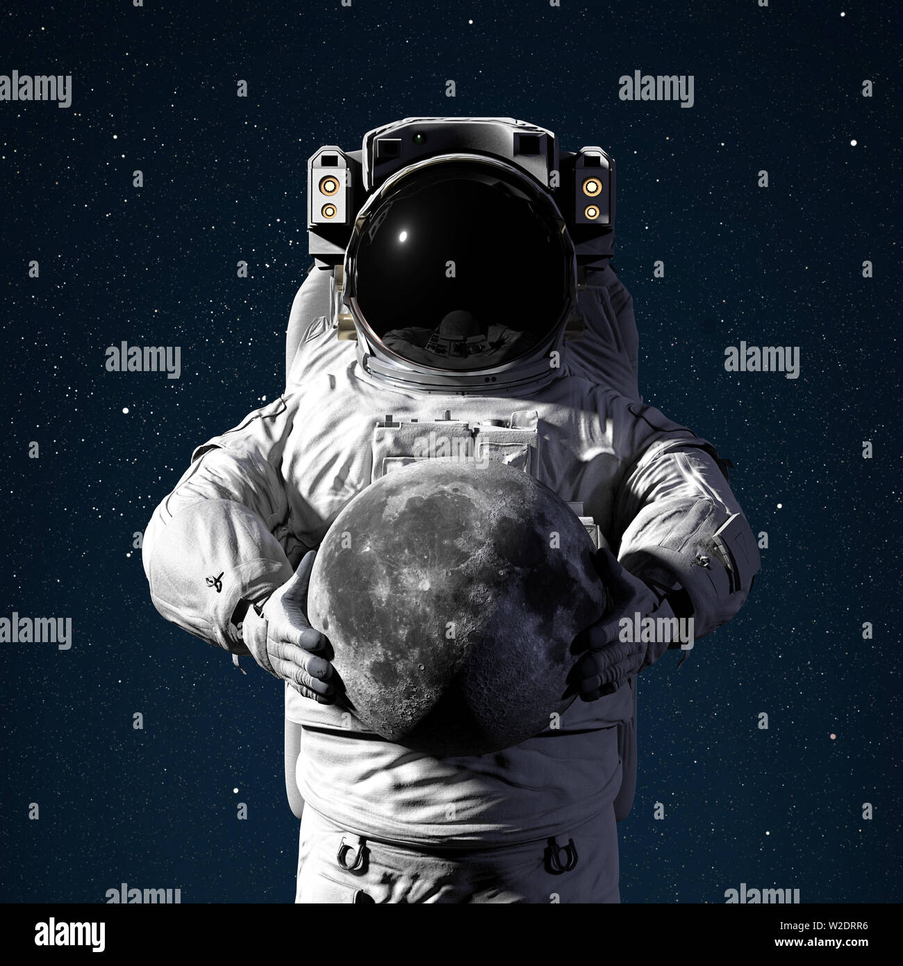 astronaut holding the Moon, world of the solar system (3d space illustration, elements of this image are furnished by NASA) Stock Photo