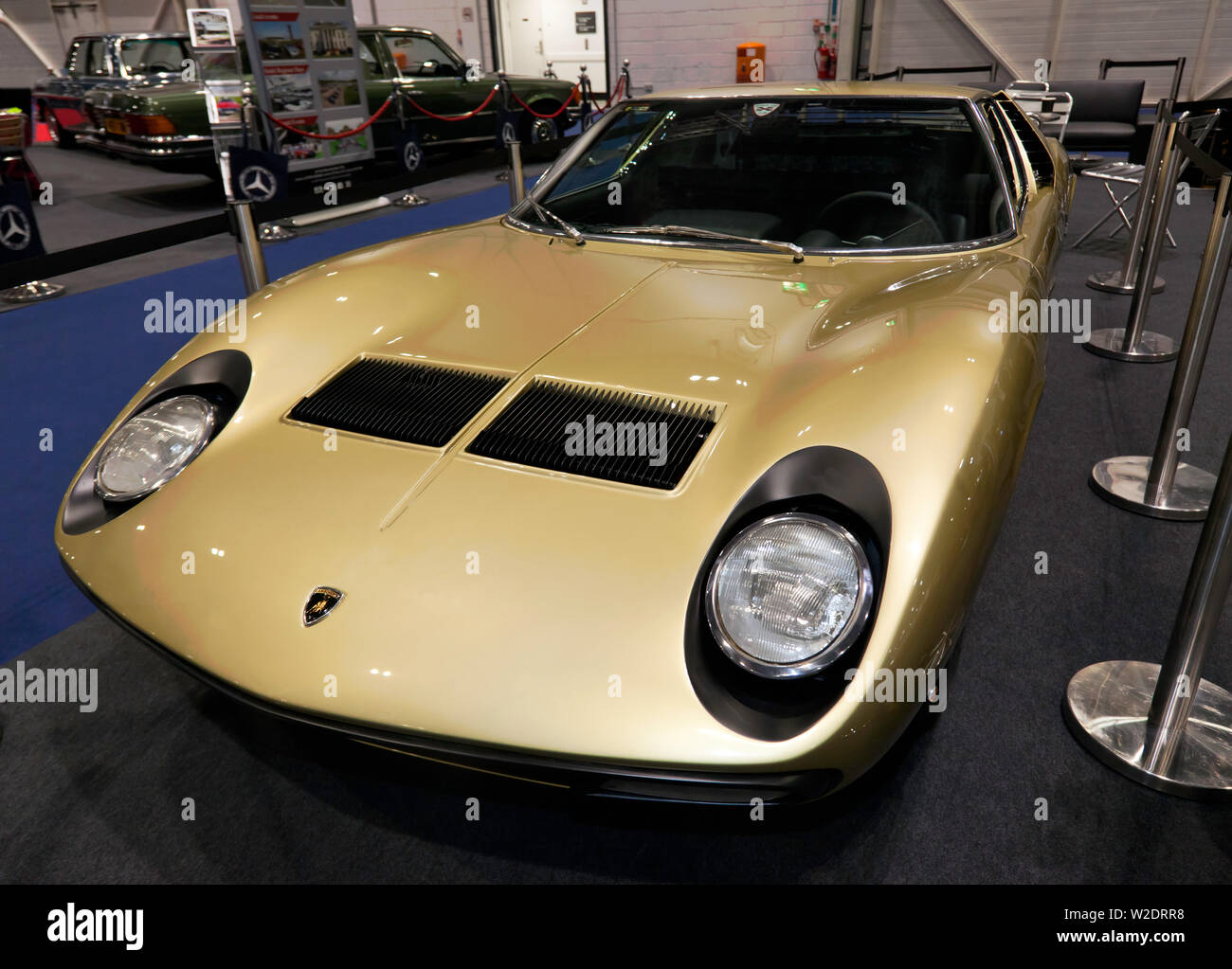 Three-quarters front  view of a 1970 Lamborghini Miura S, on display at the 2019 London Classic Car Show Stock Photo