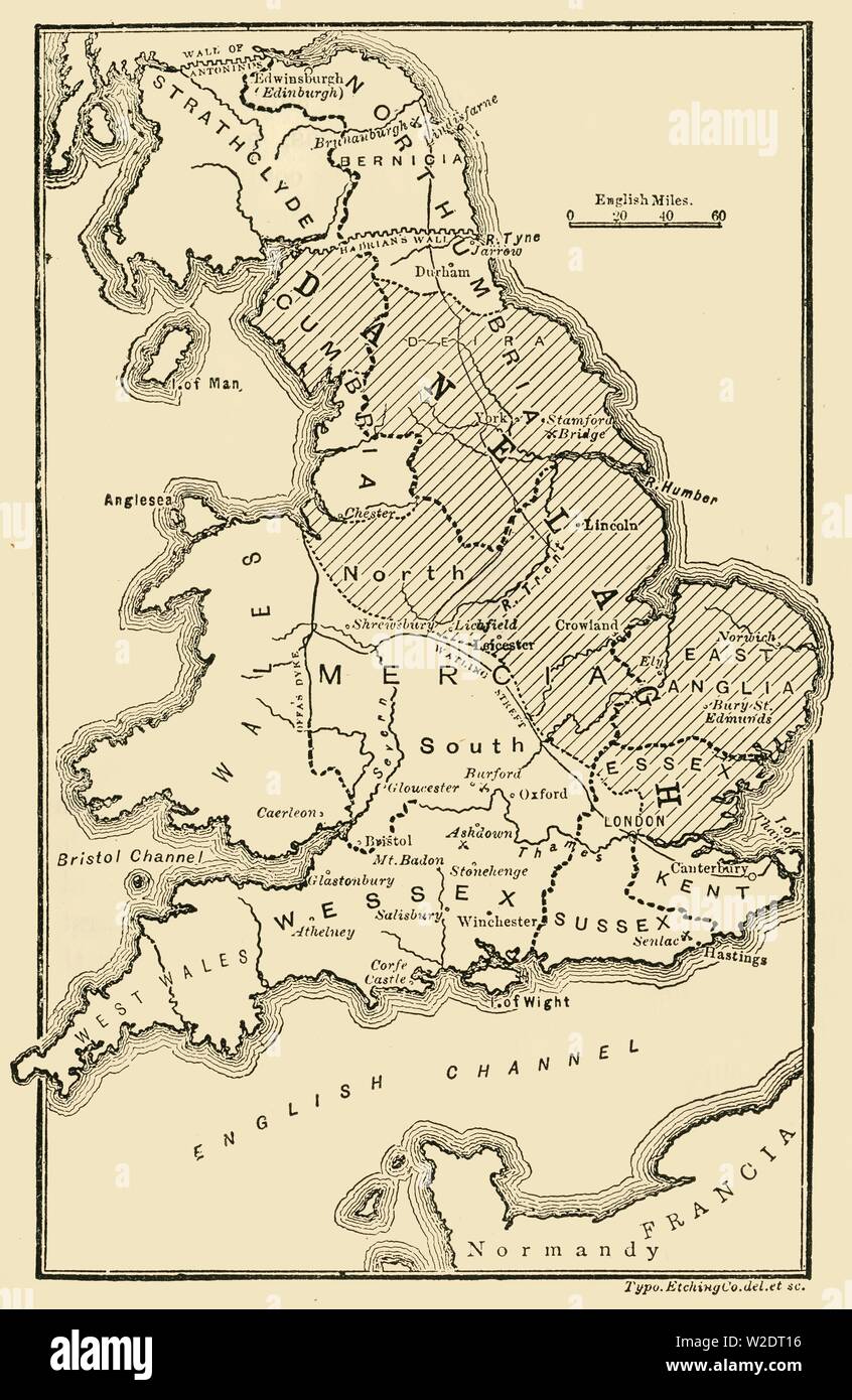 Map Of England Showing Anglo Saxon Kingdoms And Danish Districts