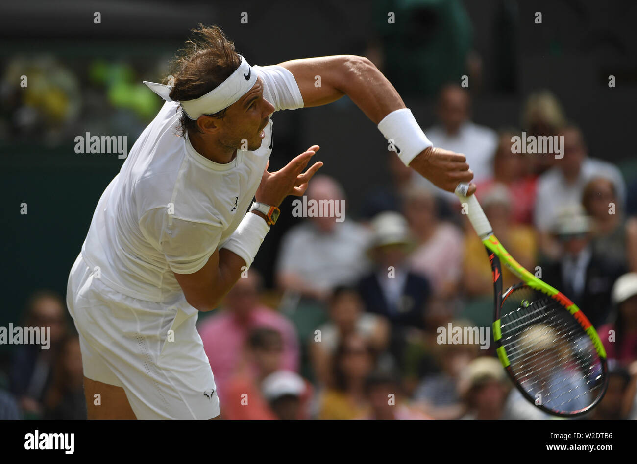 London, Britain. 8th July, 2019. Rafael Nadal of Spain competes during the men's singles fourth round match between Rafael Nadal of Spain and Joao Sousa of Portugal at the 2019 Wimbledon Tennis Championships in London, Britain, on July 8, 2019. Credit: Lu Yang/Xinhua/Alamy Live News Stock Photo