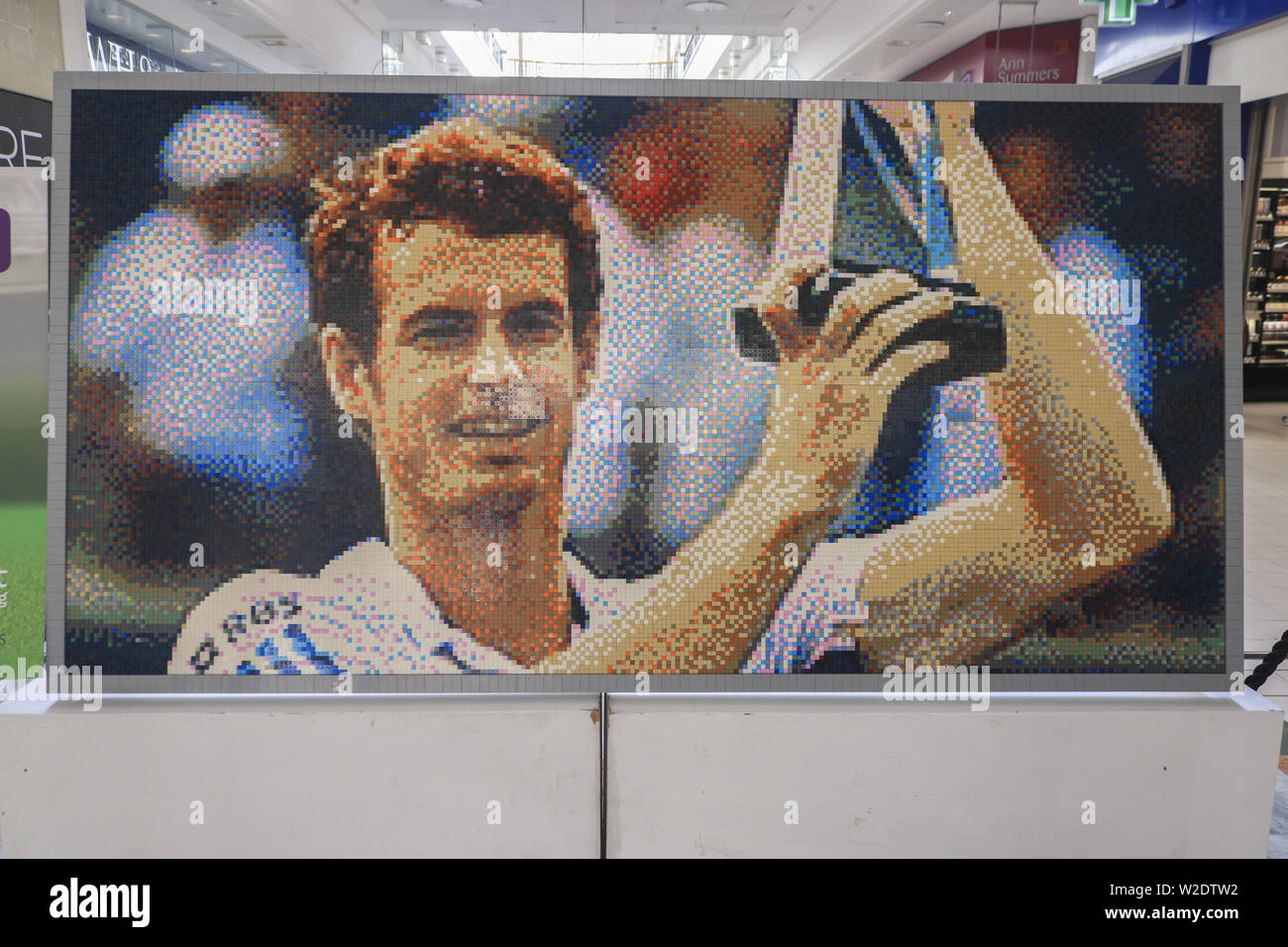 London, UK. 8th July, 2019. A mosaic of British tennis player Andy Murray made of lego pieces is displayed at the Centre Court shopping centre in Wimbledon as part of Legend Lawn. Credit: Amer Ghazzal/SOPA Images/ZUMA Wire/Alamy Live News Stock Photo