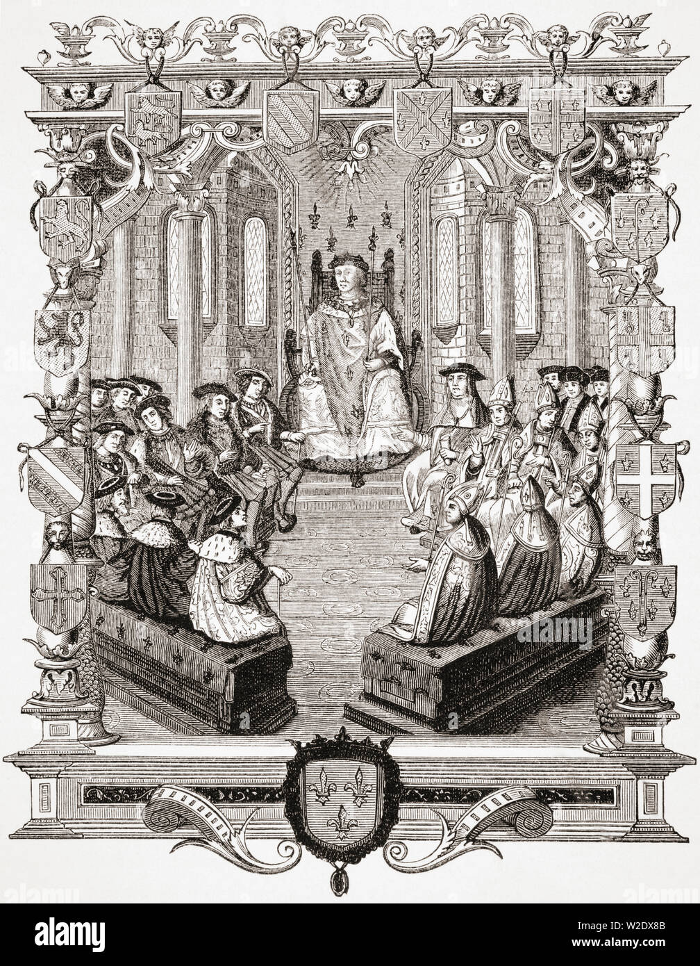 Civil trial of Charles de Bourbon, Constable of France, 1490 -1527, before the Peers of France 1523. 19th century reproduction of an engraving in La Monarchie Francoise of Montfaucon Stock Photo