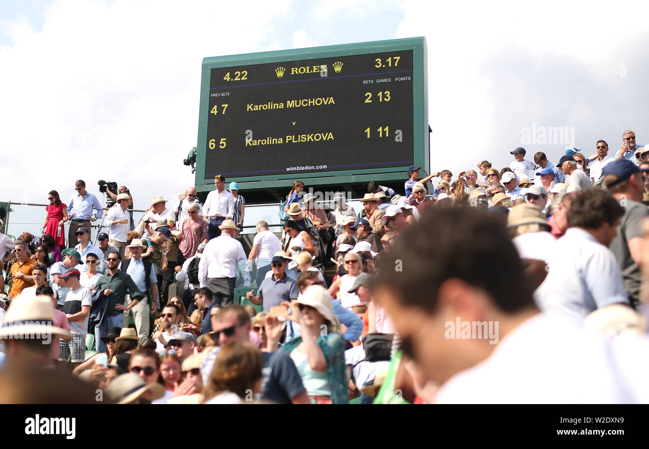 General view of the score card after the round of 16 match between Karolina Pliskova and Karlolina Muchova on day seven of the Wimbledon Championships at the All England Lawn tennis and Croquet Club, London. Stock Photo