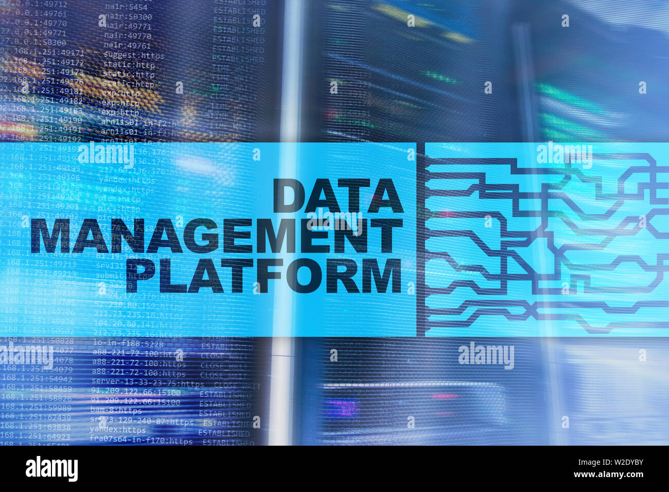 Data management and analysis platform concept on server room background. Stock Photo