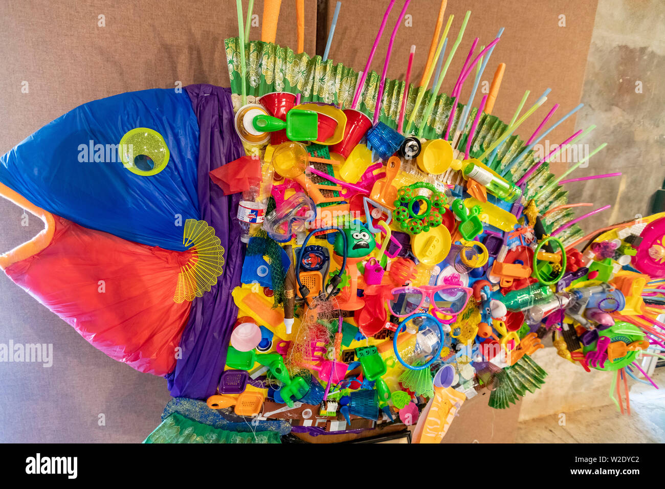 Thibodaux, Louisiana - A display about plastics that end up in the marine environment, created by students from Thibodaux High School. The fish was on Stock Photo