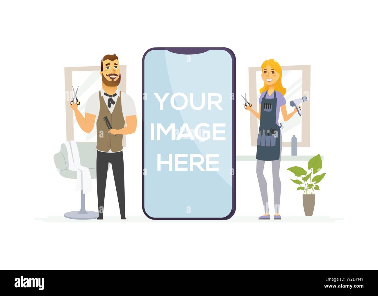 Male Female Hairdressers Cartoon People Characters Illustration
