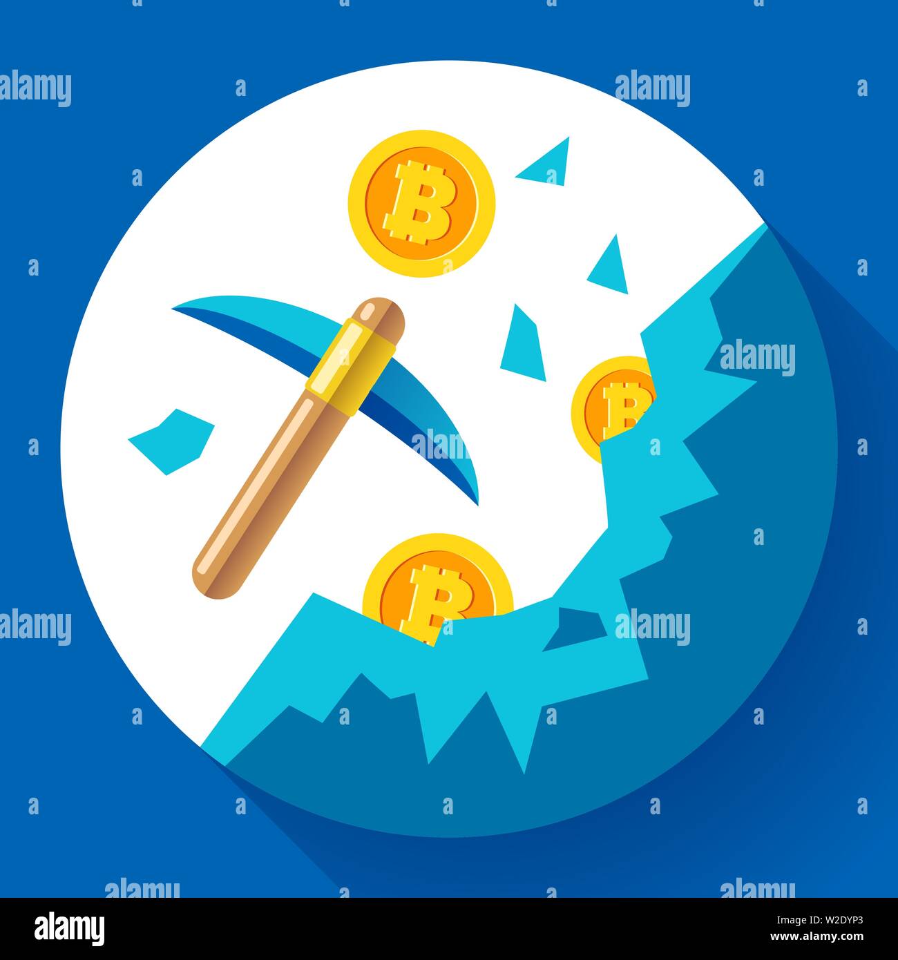 Cryptocurrency mining icon concept with pickaxe, coins in mountains Stock Vector