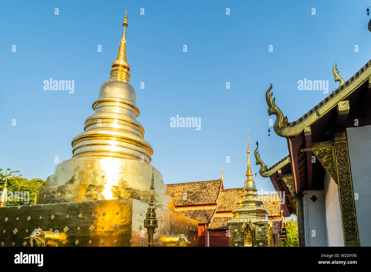 View of Wat Phra Singh with the golden pagoda, the popular historical landmark temple in Chiang Mai, Thailand Stock Photo