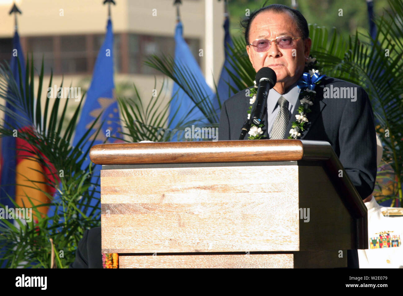 The Honorable Daniel K. Inouye, Senator of Hawaii, gives a speech during the dedication ceremony of the newly built Nimitz-MacArthur Pacific Command Center (NMPCC) at Camp H. M. Smith, Hawaii, Apr. 14, 2004.  The new center is named in honor of Adm. Chester Nimitz and U.S. Army Douglas MacArthur and is one of the nation's premier facilities for Command, Control, Communications, Computers and Intelligence (C4I) systems. Stock Photo
