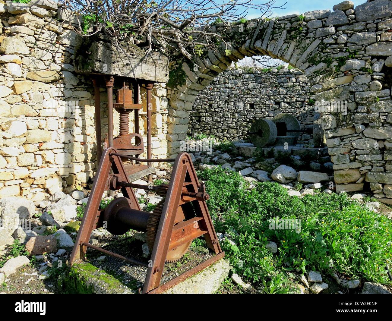 Ruins of an old oil press situated at Kato Moulia, Crete, Greece. Stock Photo