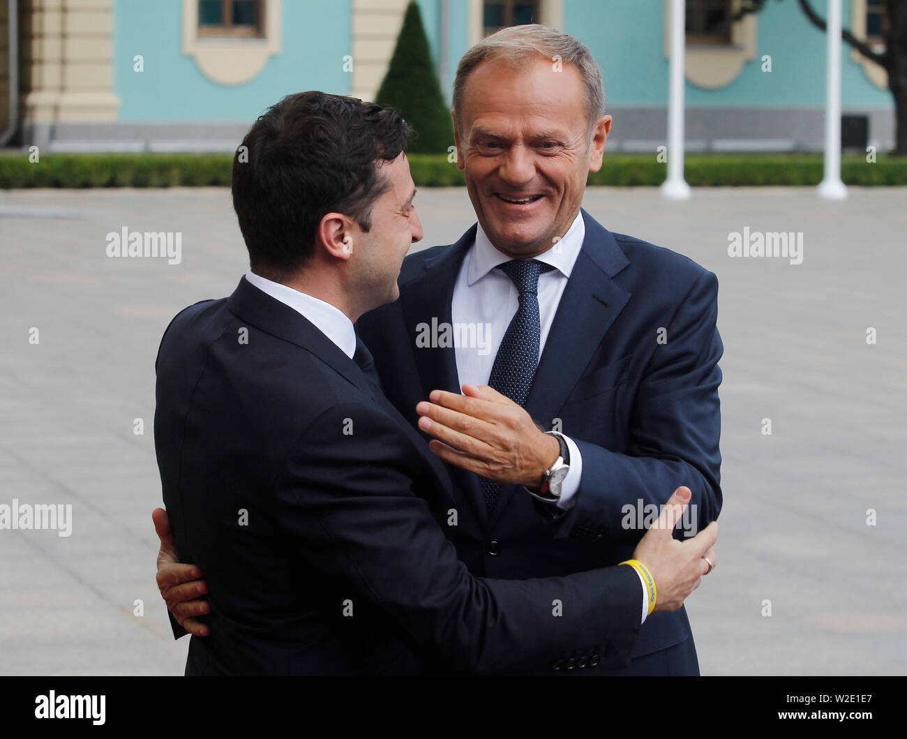 European Council President Donald Tusk (R) and Ukrainian President Volodymyr Zelensky (L) attend the 21st Ukraine-EU Summit in Kiev, Ukraine.The officials have a meeting to discuss trade, economic reforms, and relations with Russia, in Ukrainian capital. Stock Photo