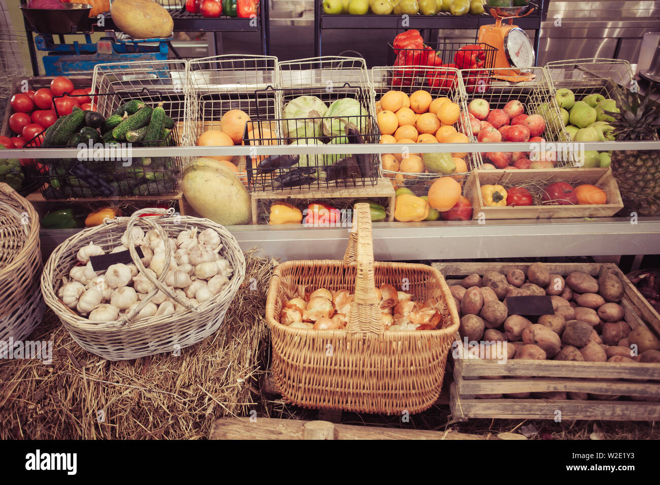 Variety of fresh fruits and vegetables in boxes Stock Photo - Alamy