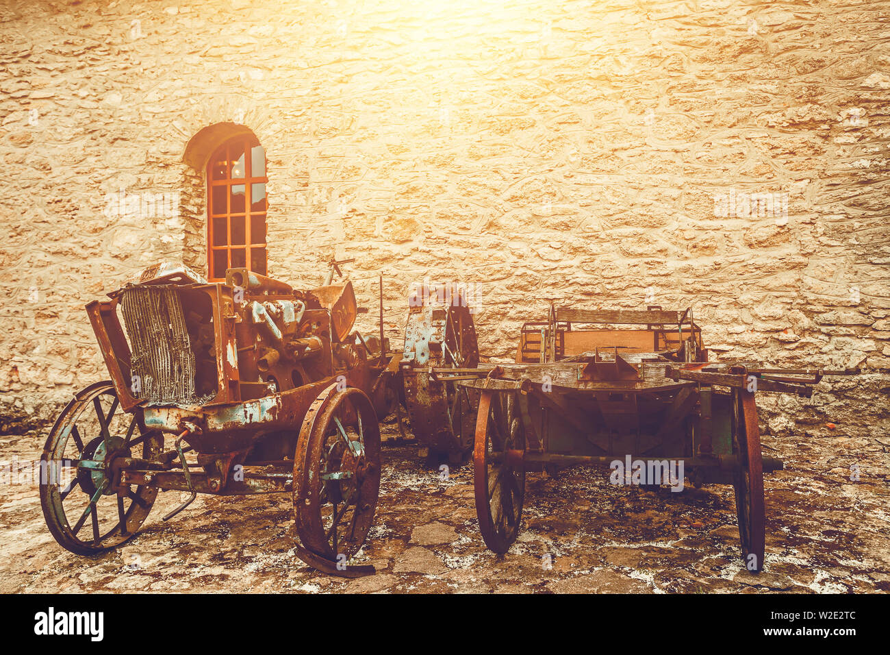 Close Up of an antique wagons wheels located in old fortress Stock Photo