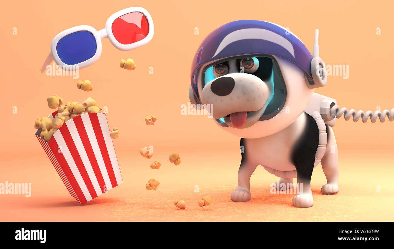 Cute puppy dog in spacesuit on alien planet looks at 3d glasses ...