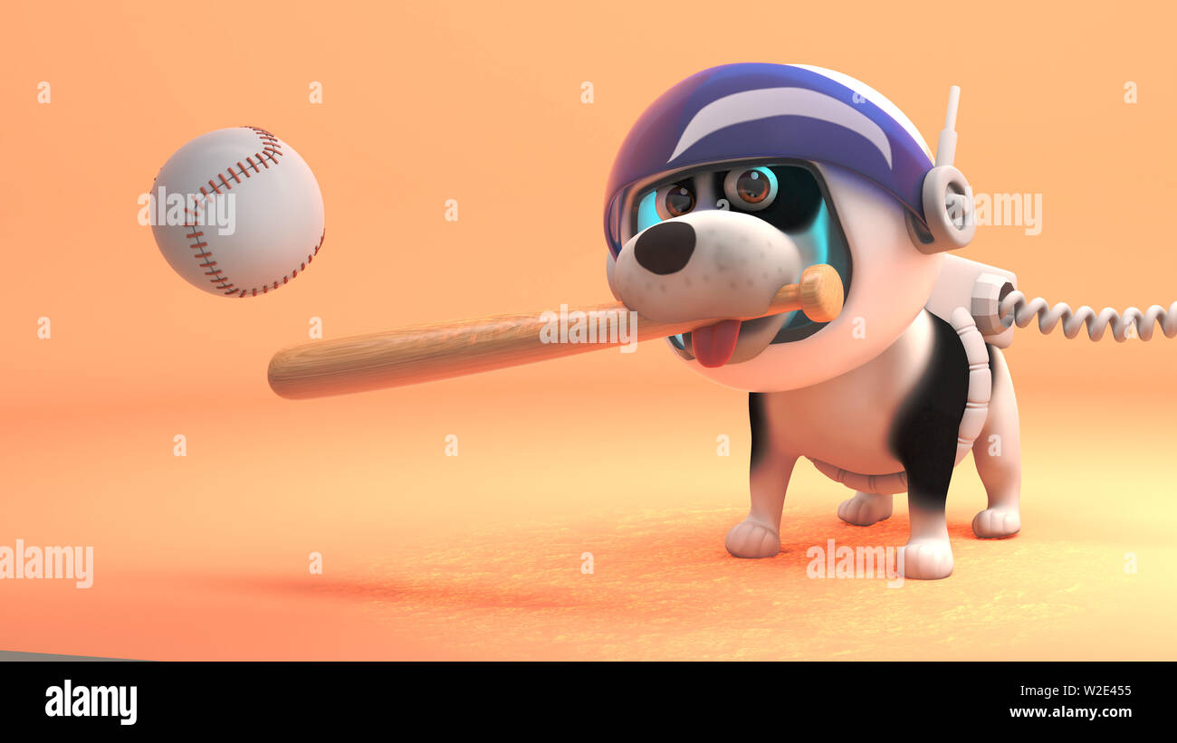Puppy dog in spacesuit play baseball on Mars, 3d illustration render Stock Photo