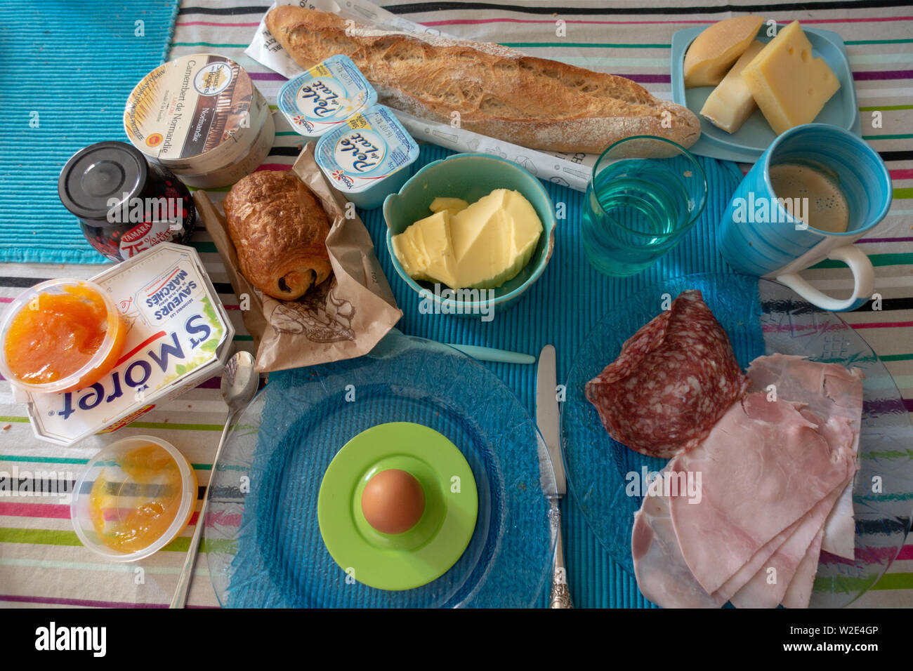 View from above of the many breakfast food choices laid at table breakfast setting Stock Photo