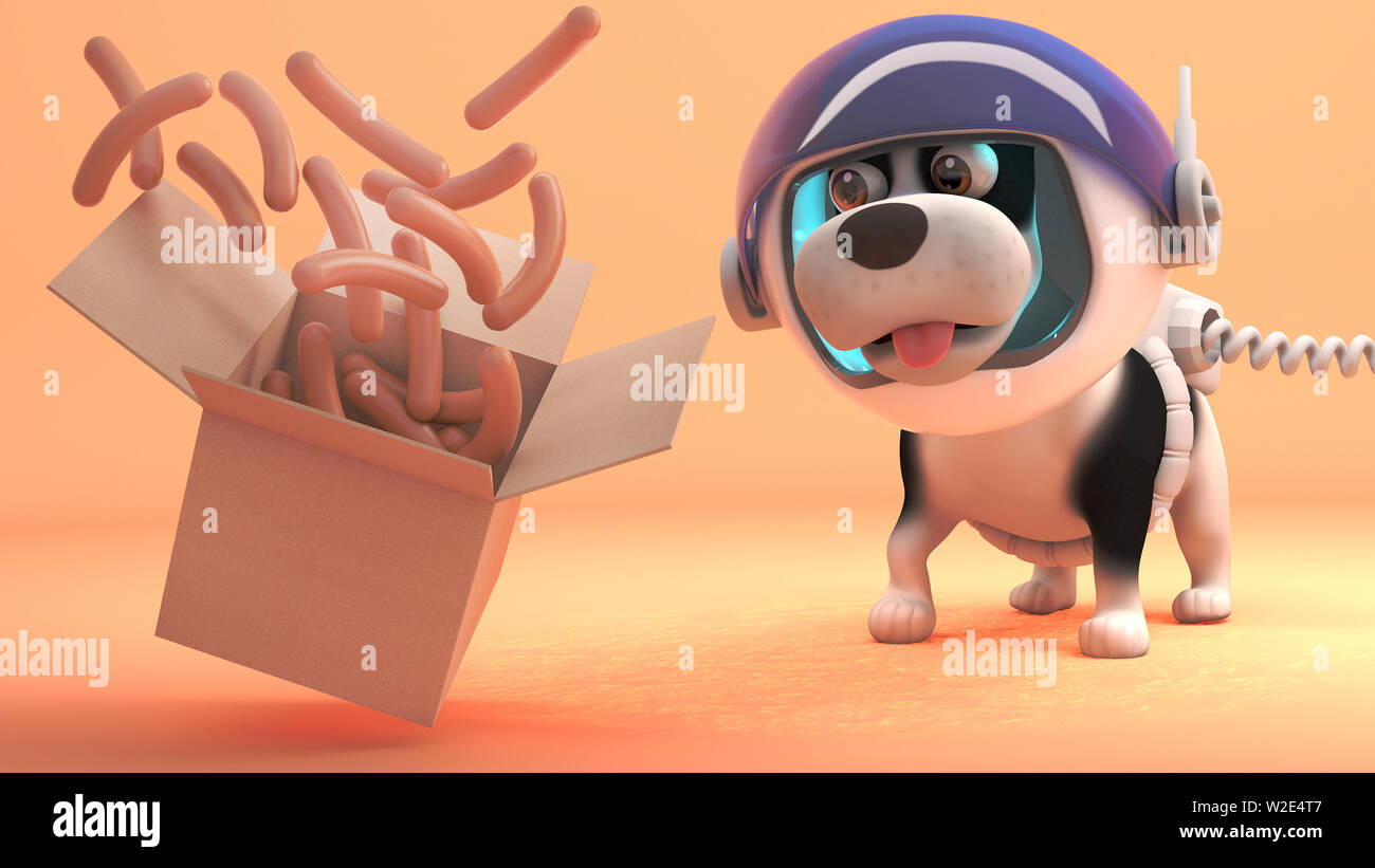 Hungry space dog on Mars watches sausages float from a box, 3d
