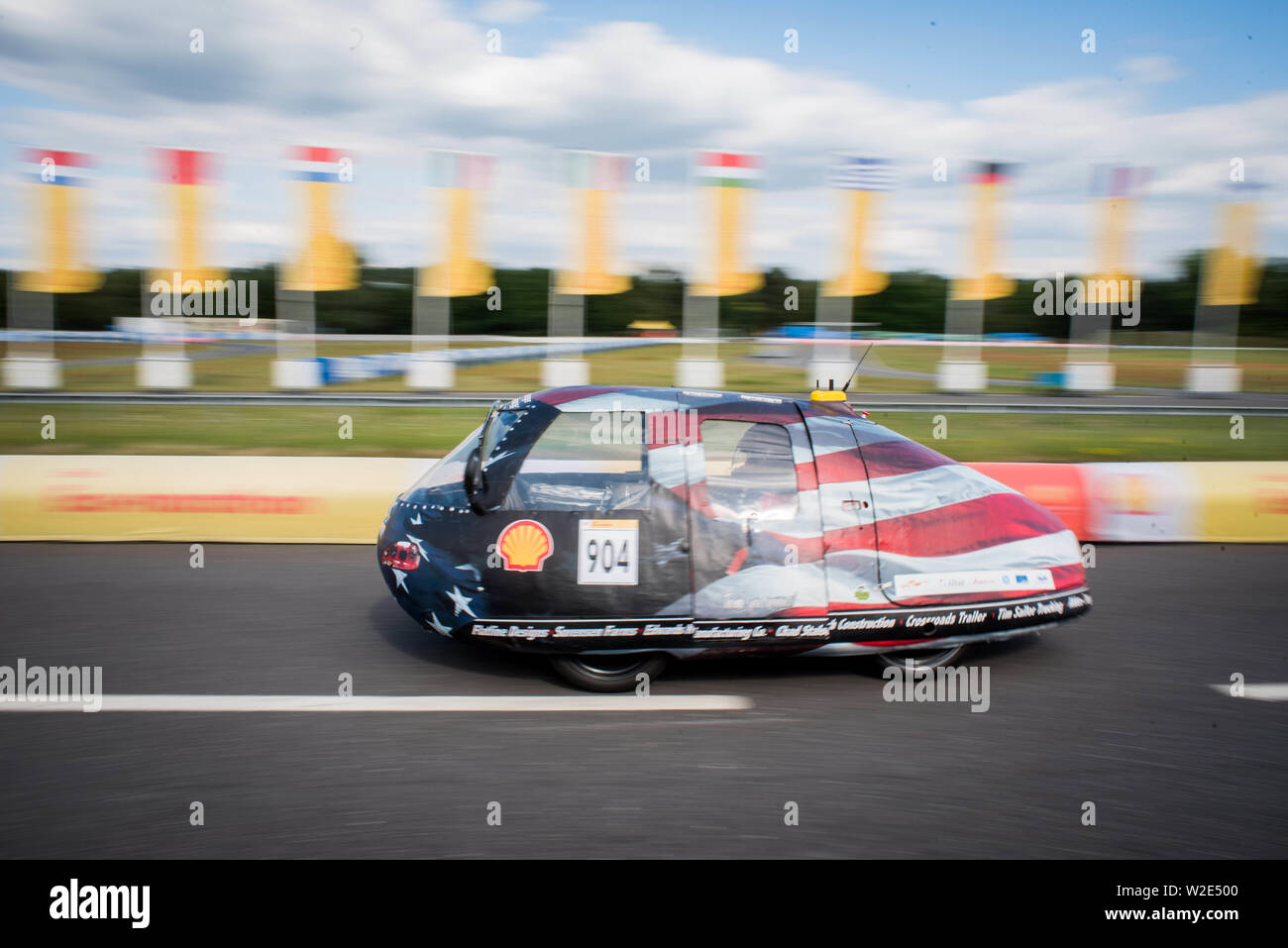 Weybridge, (London), Surrey, UK, July 2nd, 2019 : Shell Eco-marathon. Car 904 - Team KNIGHTs3  - The car during the competition 35th official season. Stock Photo