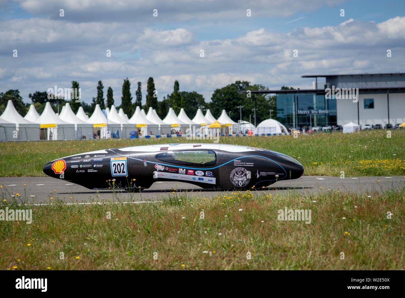 Weybridge, (London), Surrey, UK, July 2nd, 2019 :  Shell Eco-marathon. Car 202 - Team H2POLITO - The car on track during the competition.  35th offici Stock Photo