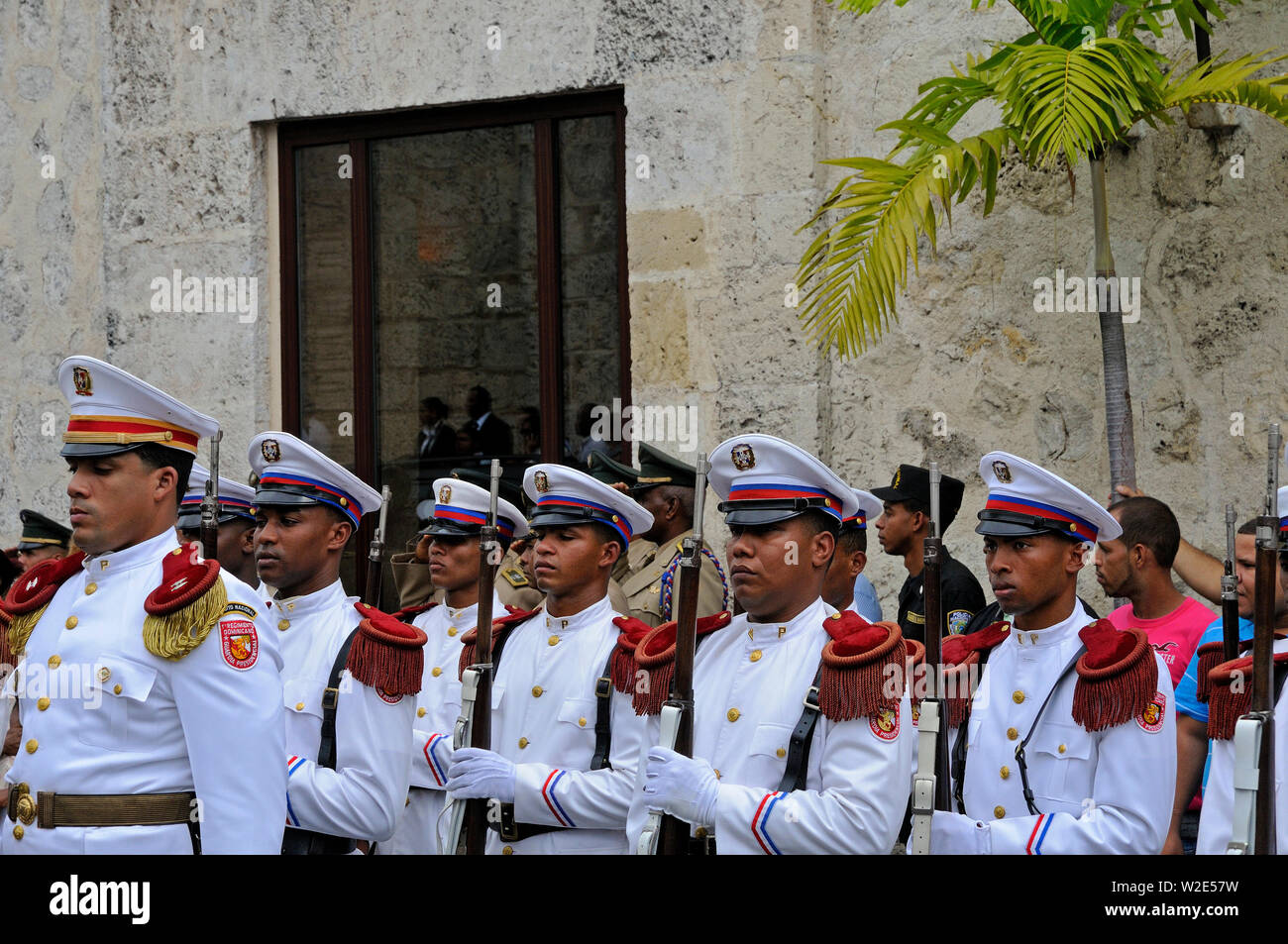santo domingo, dominican republic - november 01, 2013: the presidential guard parading on calle las damas whilst installing of the mortal remains of r Stock Photo