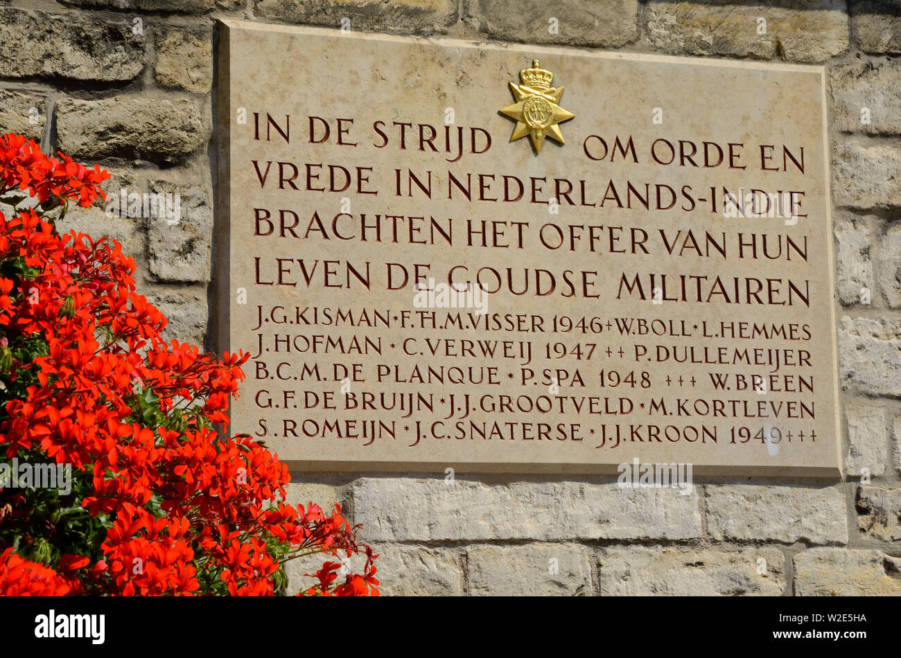 gouda, zuid holland / netherlands - july 22, 2014: commemorative plaque at gouda town hall for those gouda colonial soldiers killed in action during i Stock Photo