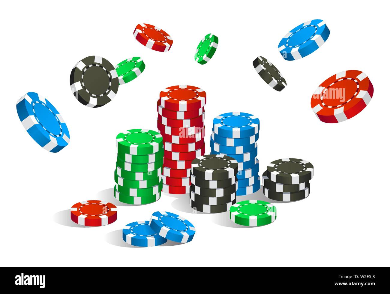 Colorful red, green, blue and black casino chips flying and stack isolated Stock Vector