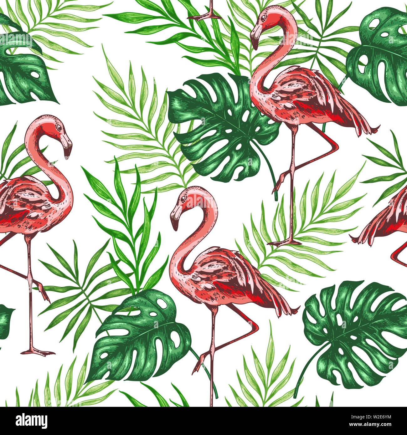 Summer tropical seamless pattern with green palm leaves and pink ...