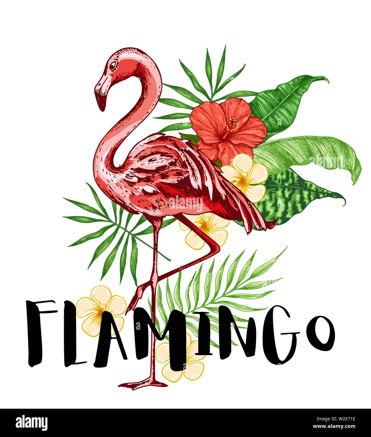 Summer background with pink flamingo, tropical flowers and green palm ...