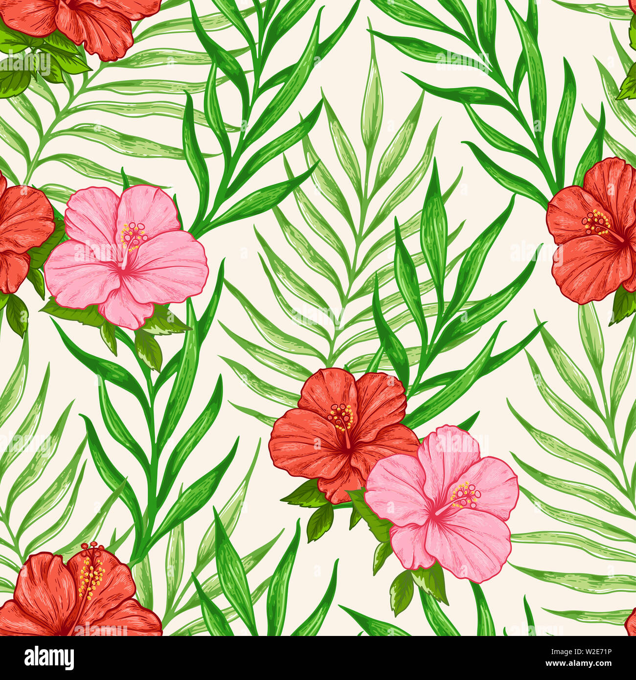 Tropical seamless pattern with red and pink flowers and green palm ...
