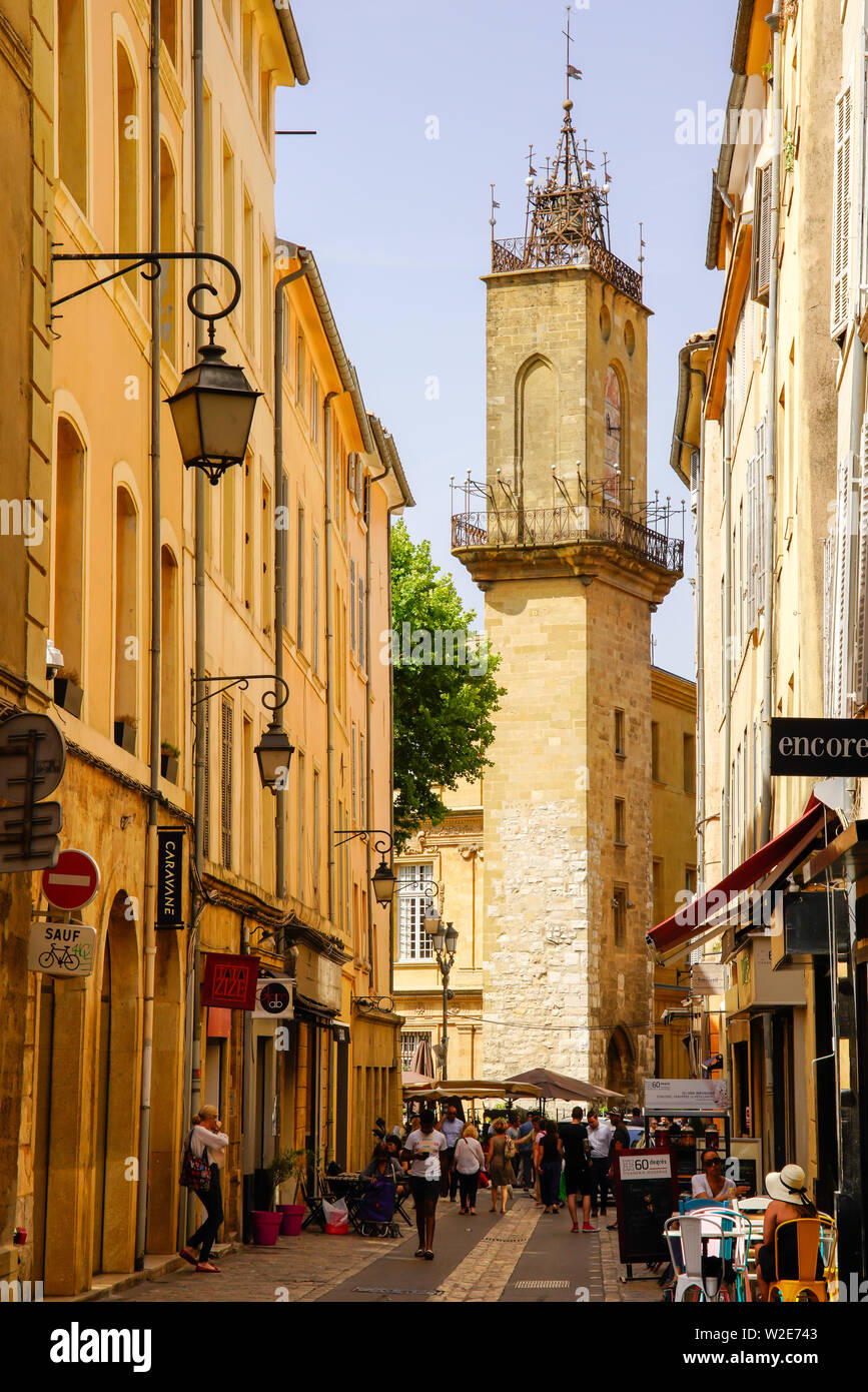 Tower of Hotel de Ville in Aix-en-Provence. Aix is a city and commune in Southern France. Stock Photo