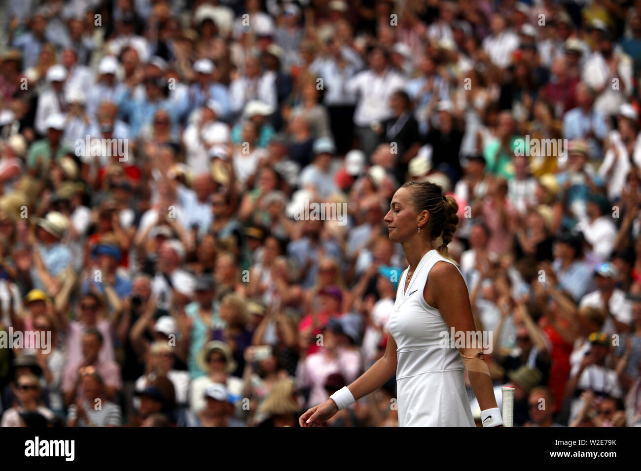 Wimbledon, London, UK. 8th July, 2019. Petra Kvitova after being defeated by Johanna Konta on Center Court during their fourth round match at Wimbledon today, Credit: Adam Stoltman/Alamy Live News Stock Photo
