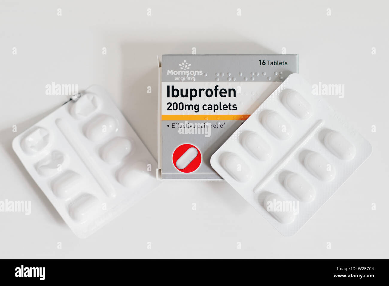 Packet of Ibuprofen painkillers, closeup with blister packs of tablets Stock Photo
