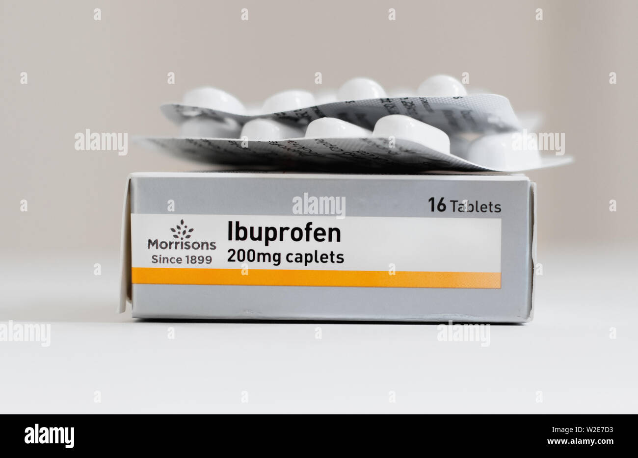 Packet of Ibuprofen painkillers, closeup with blister packs of tablets Stock Photo
