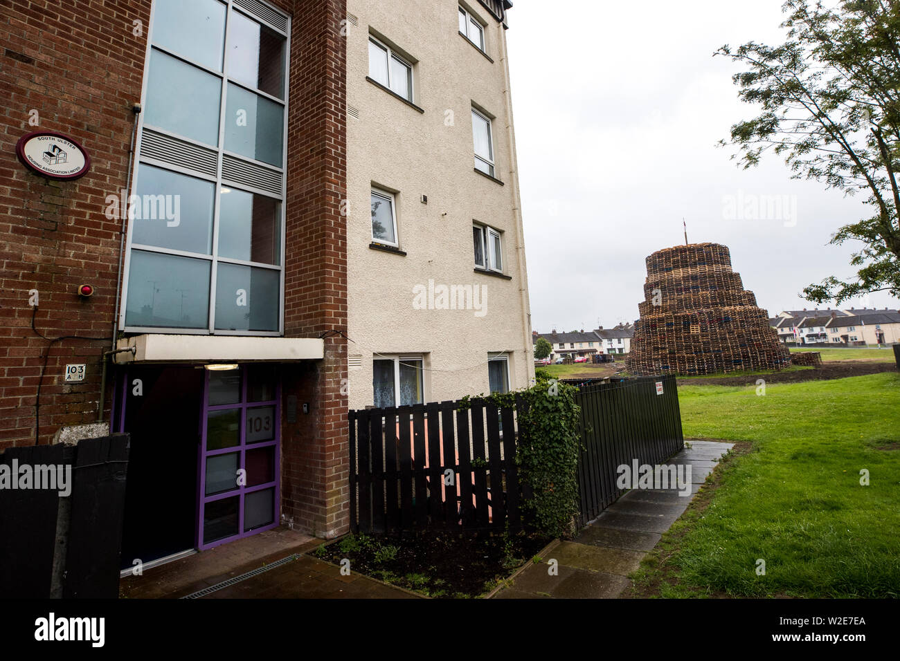Loyalists in the Redmanville area of Portadown continue to build their traditional 11th night bonfire as part of the 12th of July celebrations. Residents in nearby flats received a letter from the South Ulster Housing Association (SUHA) advising them that the bonfire poses a serious health and safety risk, with a risk to damage of occupants property, and were offered alternative accommodation for a night in the Armagh City Youth Hostel. Stock Photo
