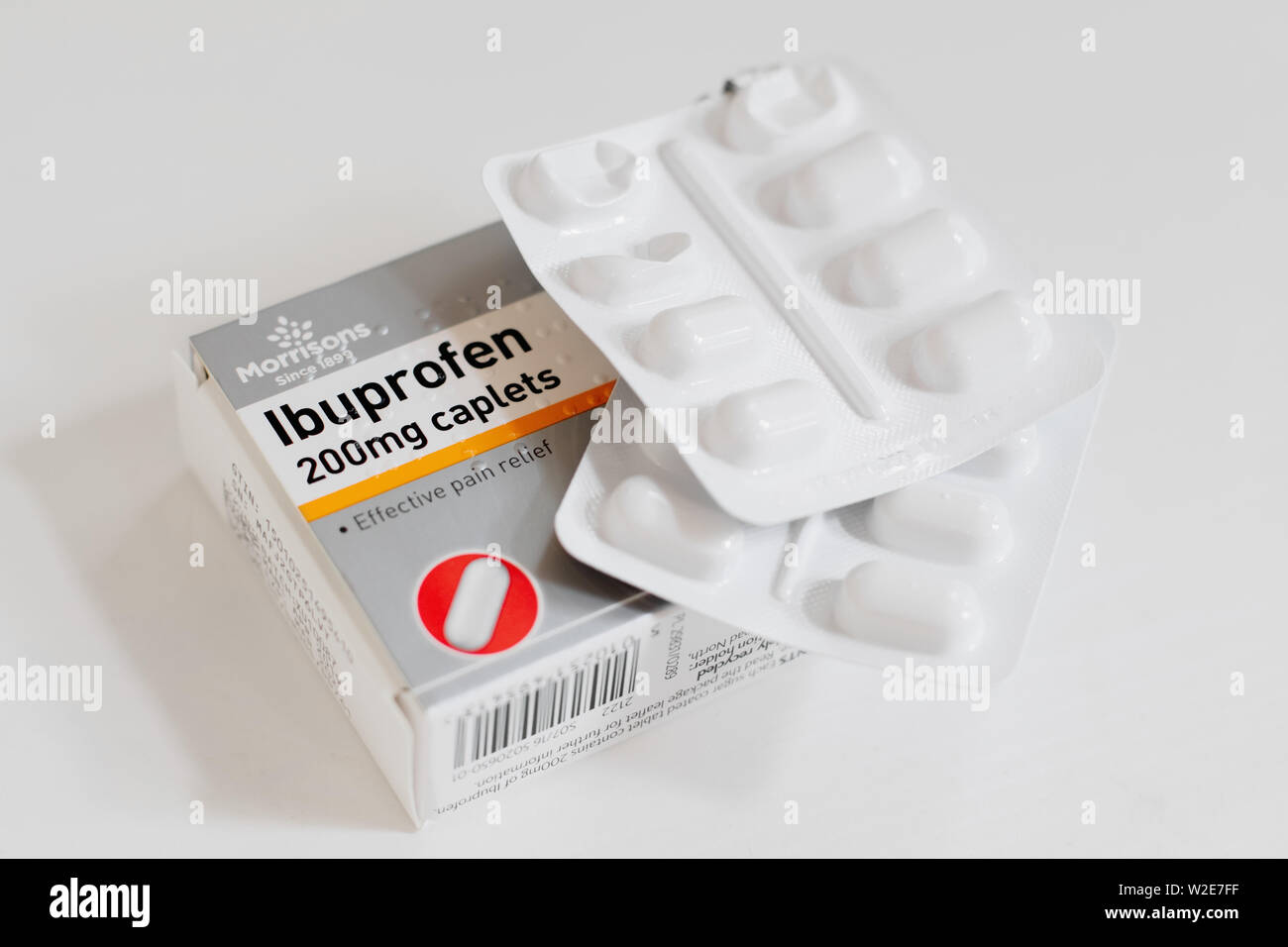 Packet of Ibuprofen painkillers, closeup with blister packs of tablets Stock Photo