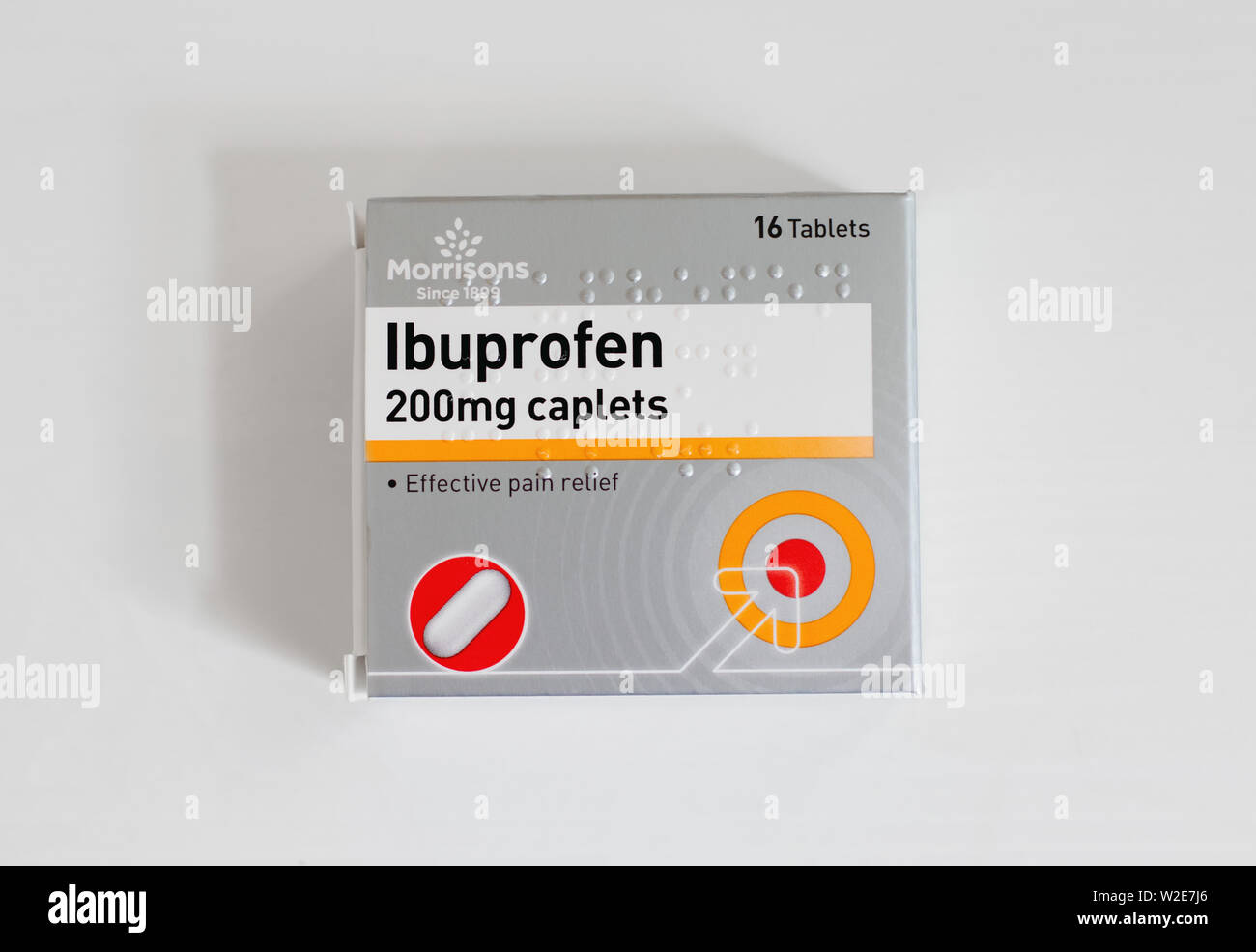 Packet of Ibuprofen painkillers, 200mg. Closeup from above. Stock Photo