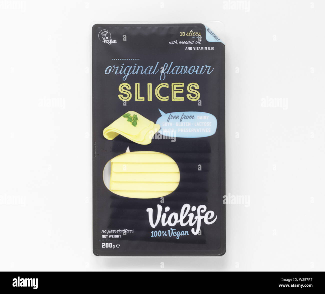 Violife vegan cheese slices. Dairy free alternative for a plant based diet. Stock Photo