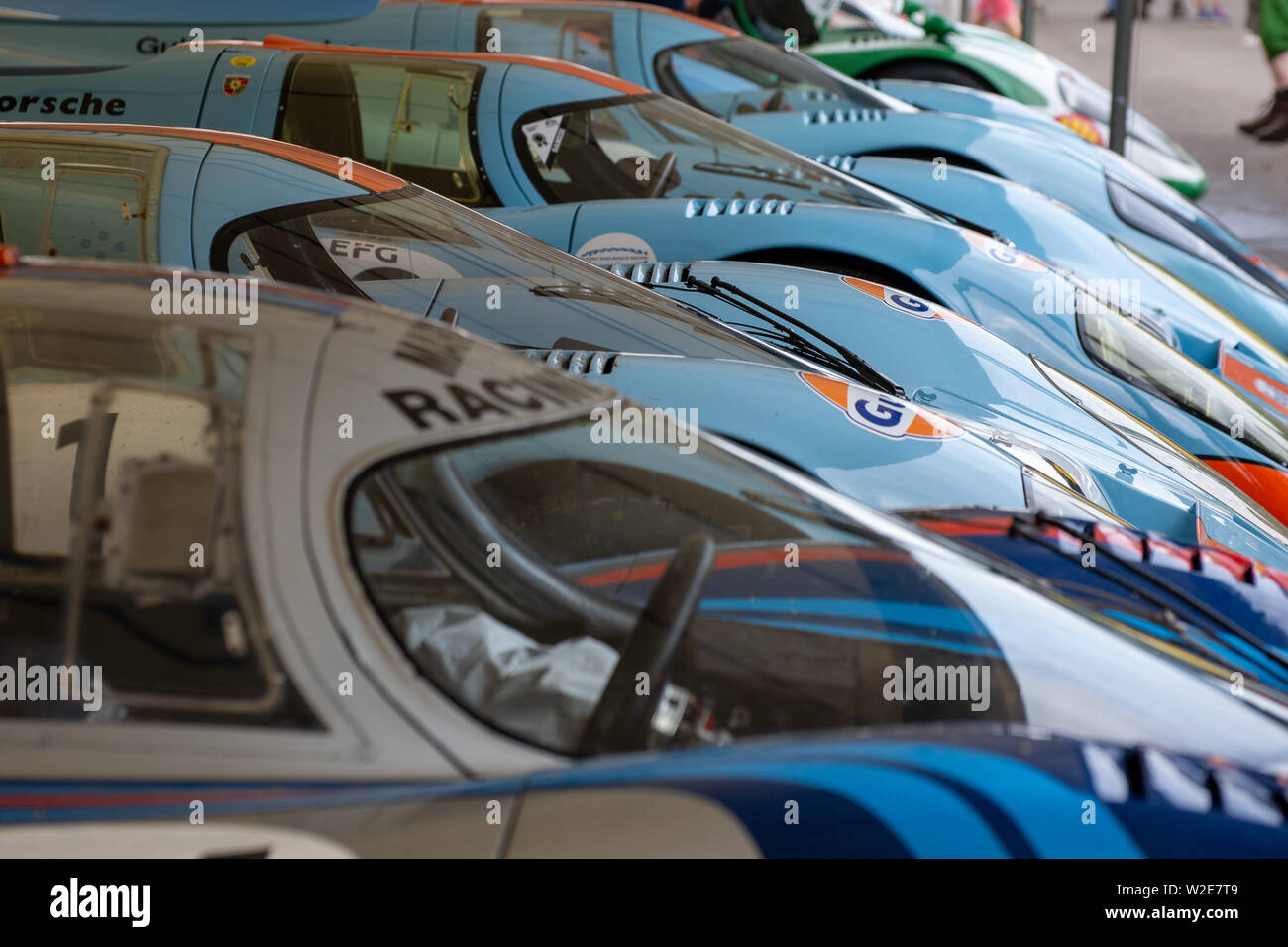 24 Hours of Le Mans Porsche 917 racing car line up in Gulf and Martini livery at Goodwood Festival of Speed 2019, Chichester, West Sussex, England UK Stock Photo