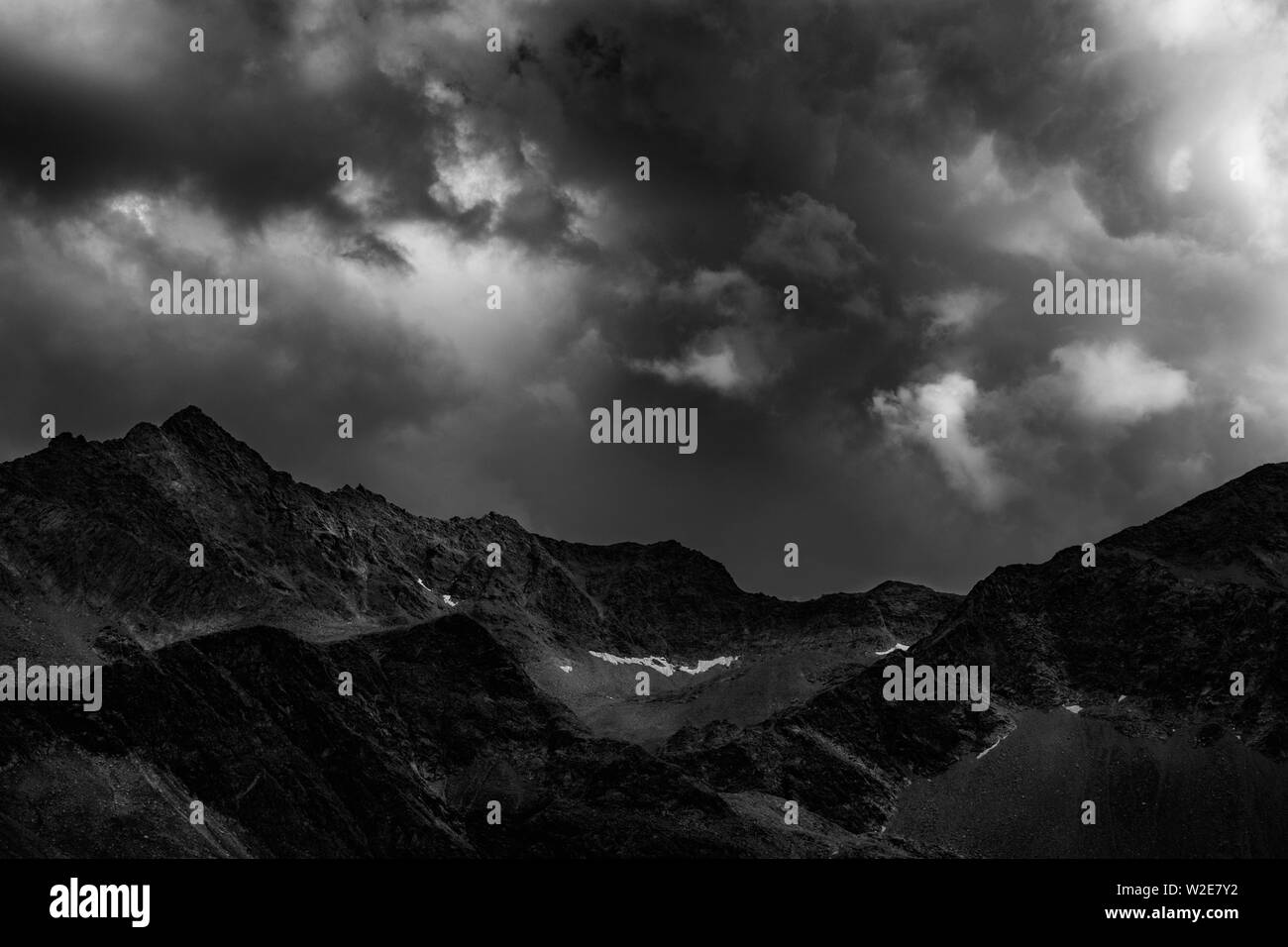 dramatic mountains landscape, black and white Stock Photo