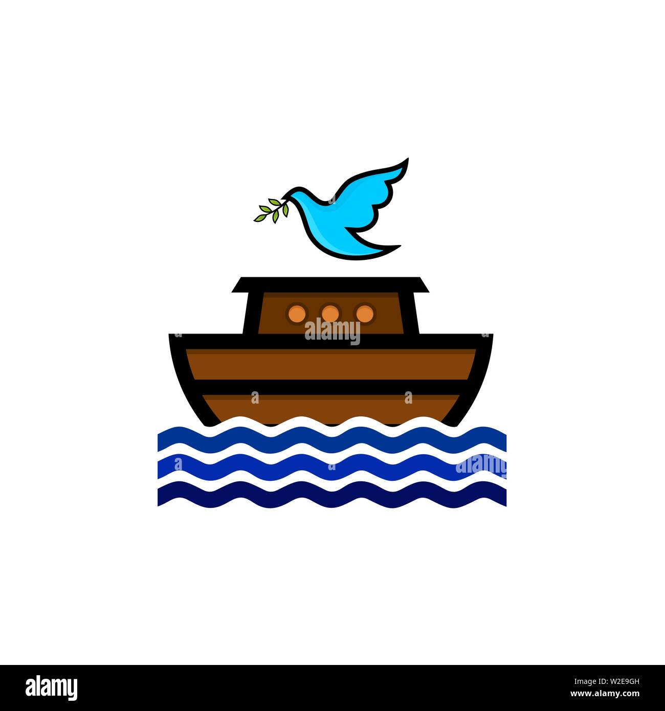 Logo of Noah's Ark. Dove with a branch of olive. Ship to rescue animals