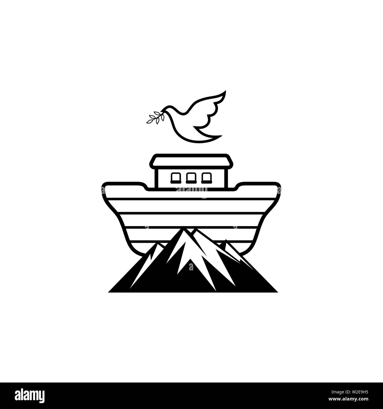Logo Noah's ark on top of the mountain. Dove with a branch of olive. Ship to rescue animals and people from the Flood. Biblical illustration. Stock Vector