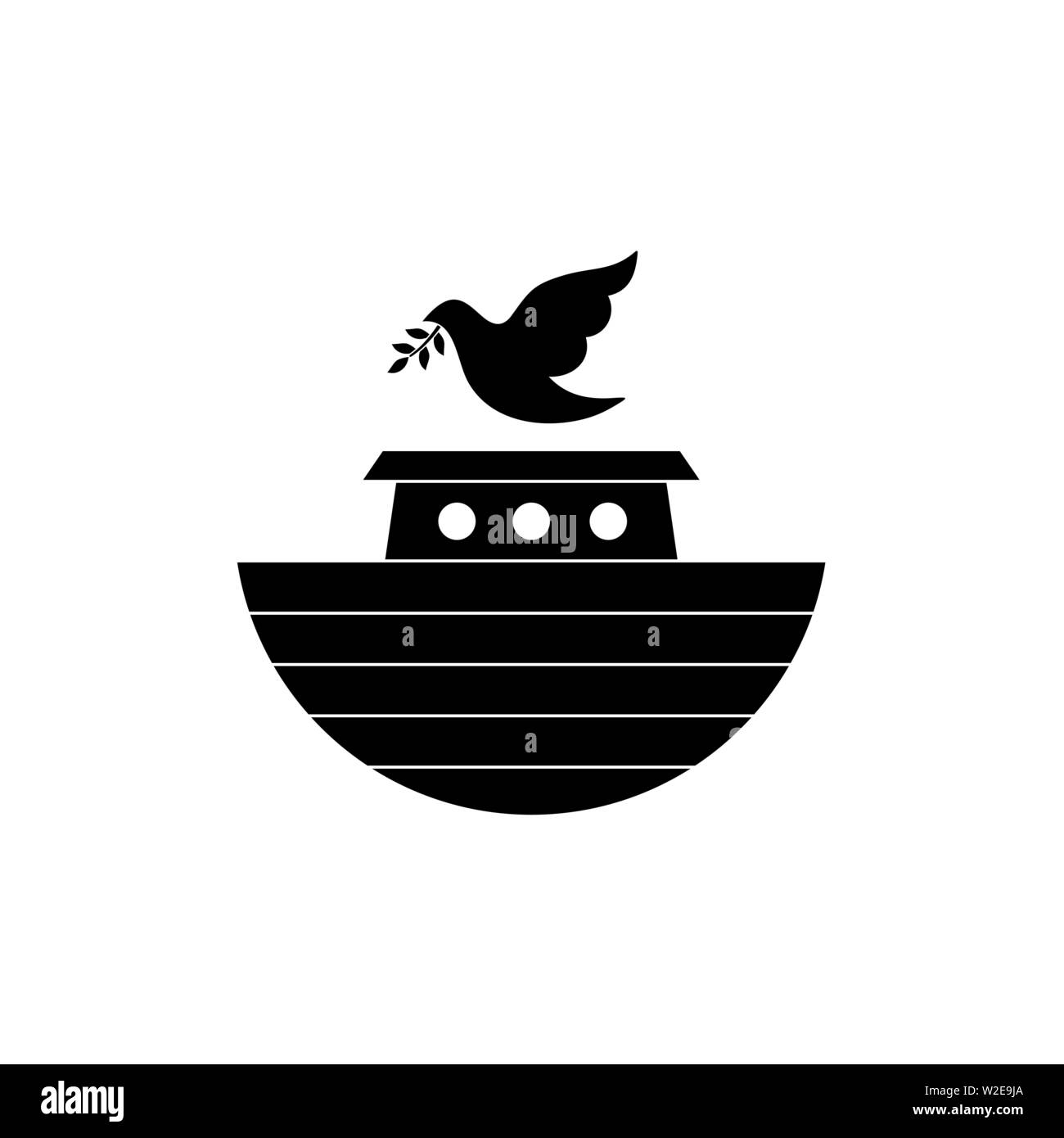 Logo of Noah's Ark. Dove with a branch of olive. Ship to rescue animals and people from the Flood. Biblical illustration. Stock Vector