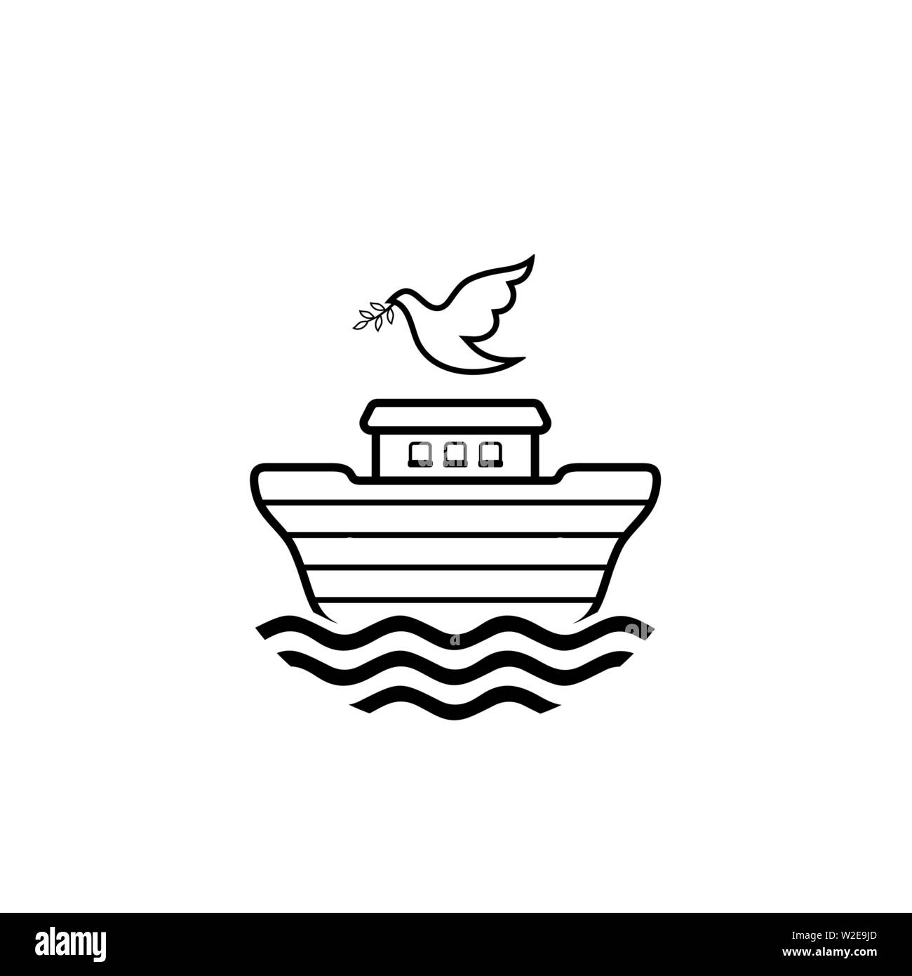 Logo of Noah's Ark. Dove with a branch of olive. Ship to rescue animals and people from the Flood. Biblical illustration. Stock Vector