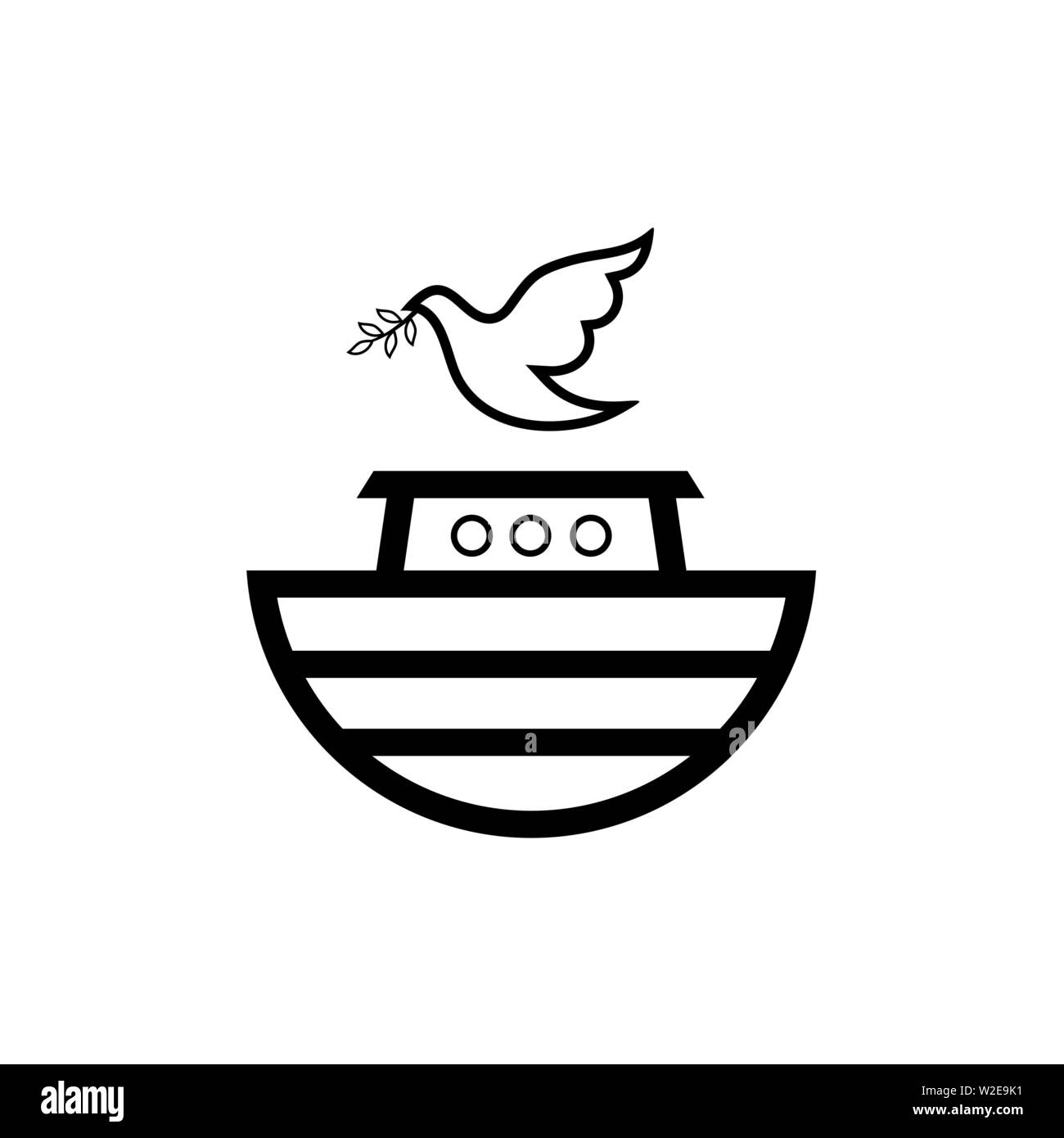 Logo of Noah's Ark. Dove with a branch of olive. Ship to rescue animals and people from the Flood. Biblical illustration. Stock Vector