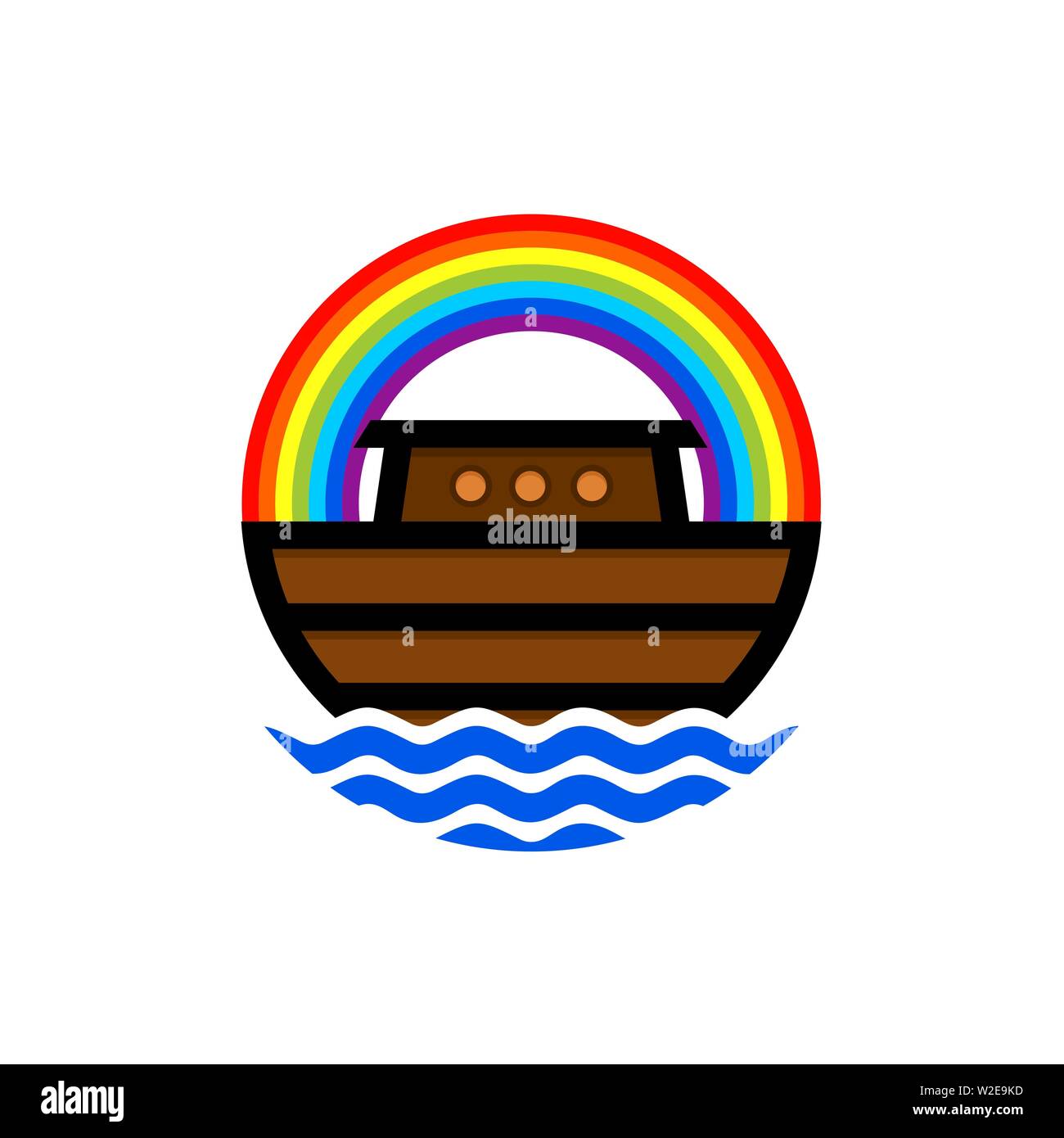 Logo of Noah's Ark. Rainbow - a symbol of the covenant. Dove with a branch of olive. Ship to rescue animals and people from the Flood. Biblical illust Stock Vector