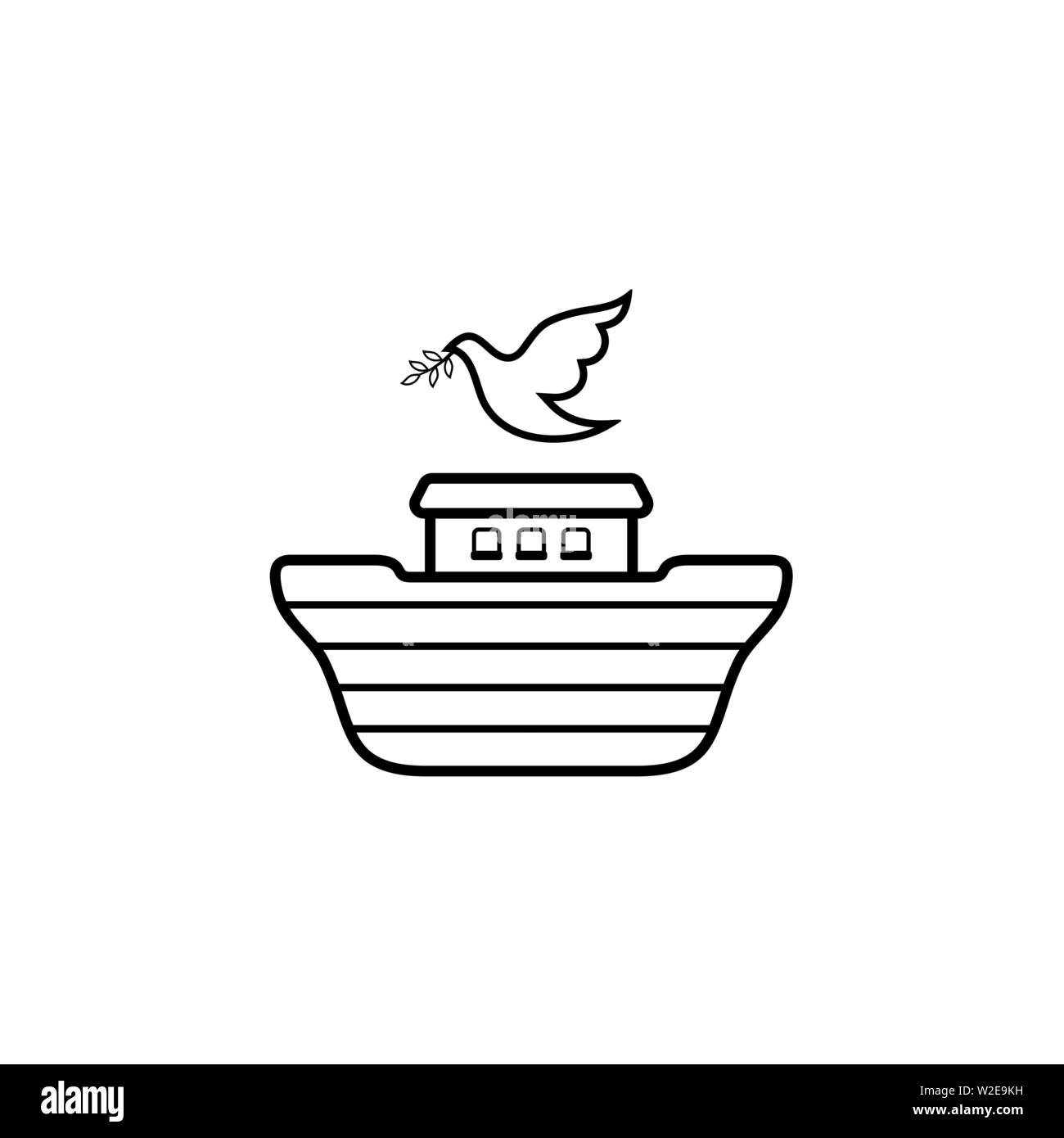 Logo of Noah's Ark. Dove with a branch of olive. Ship to rescue animals and people from the Flood. Biblical illustration. Stock Vector