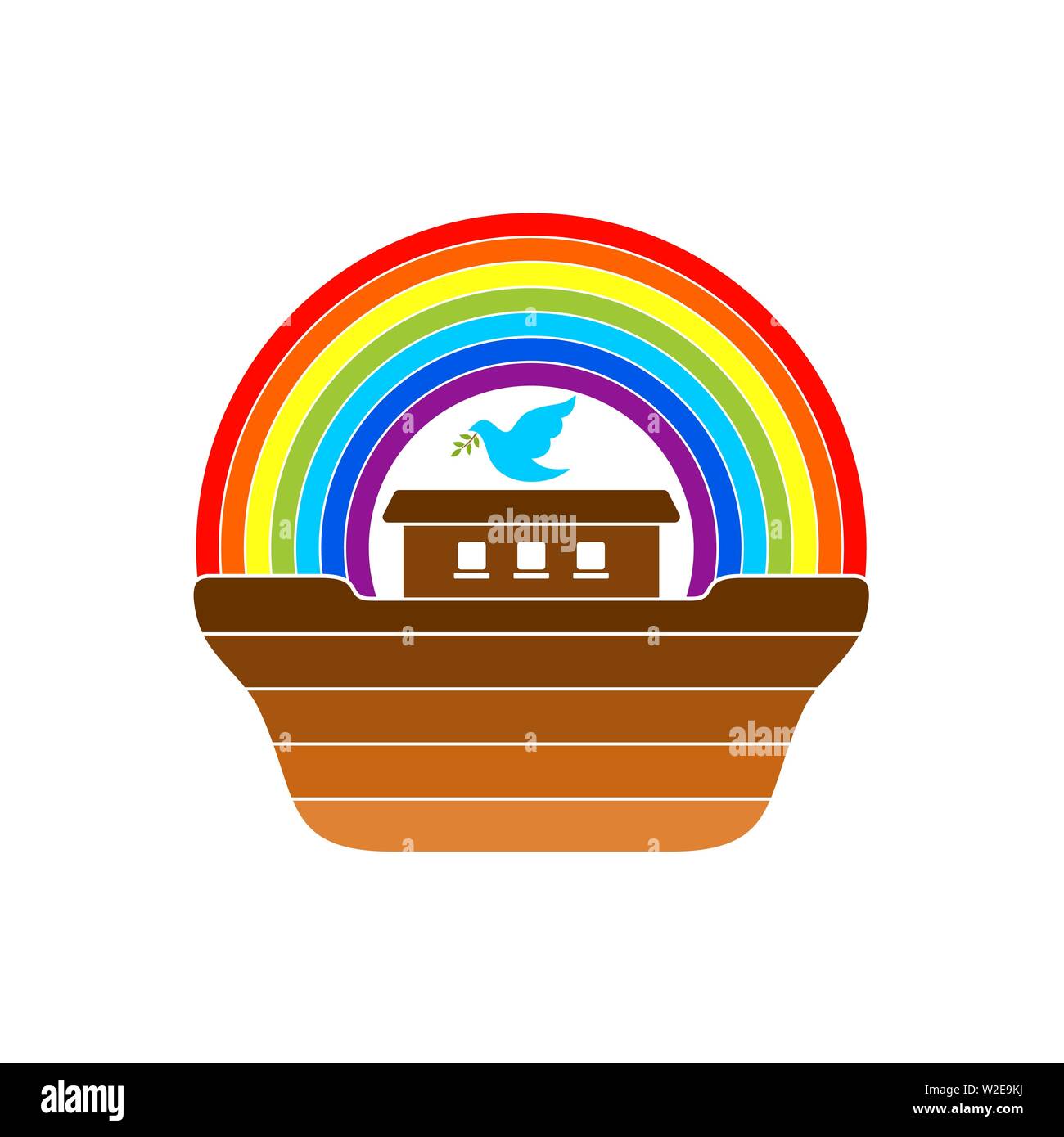 Logo of Noah's Ark. Rainbow - a symbol of the covenant. Dove with a branch of olive. Ship to rescue animals and people from the Flood. Biblical illust Stock Vector