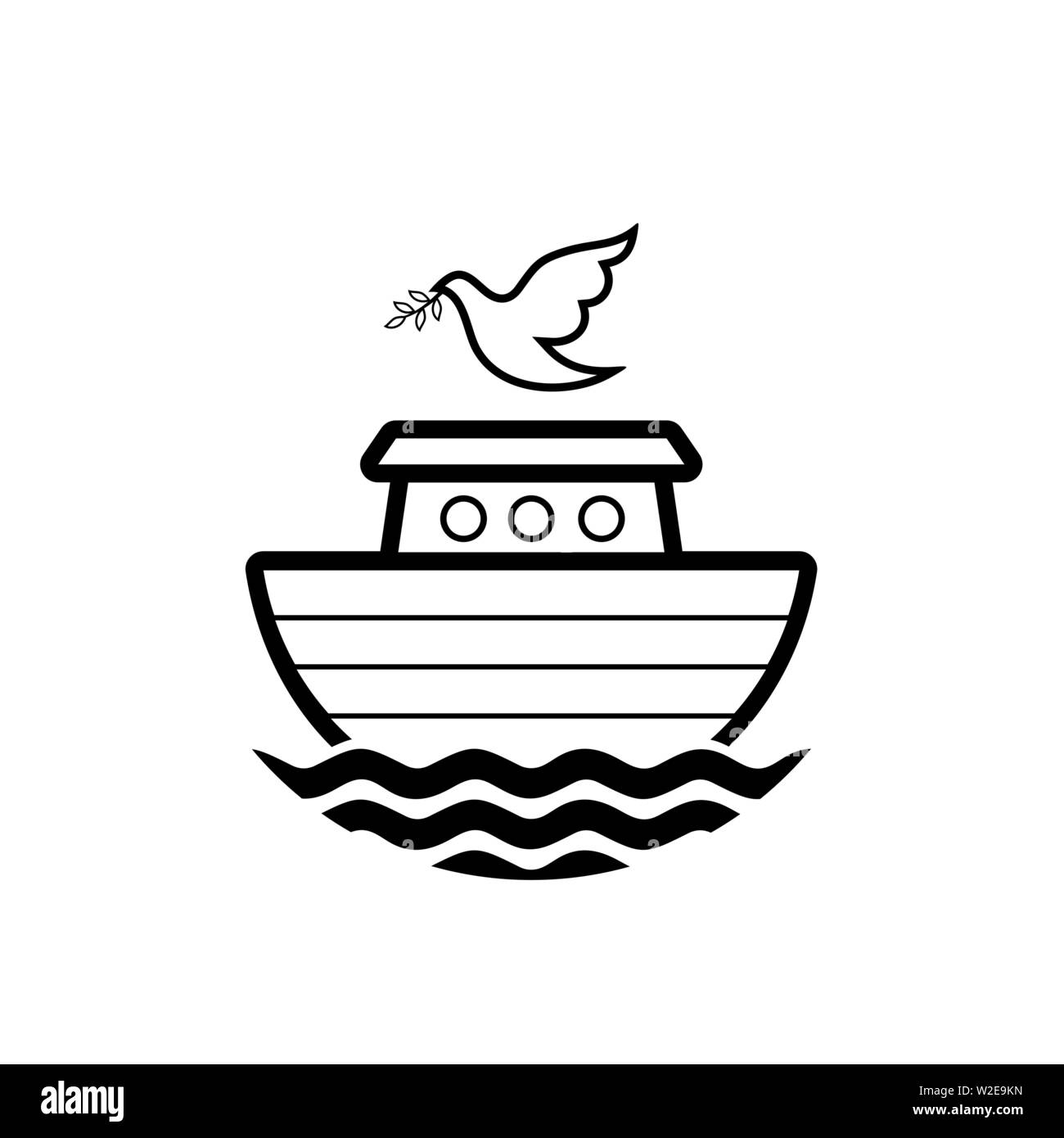 Logo of Noah's Ark. Dove with a branch of olive. Ship to rescue animals and people from the Flood. Biblical illustration. Stock Vector