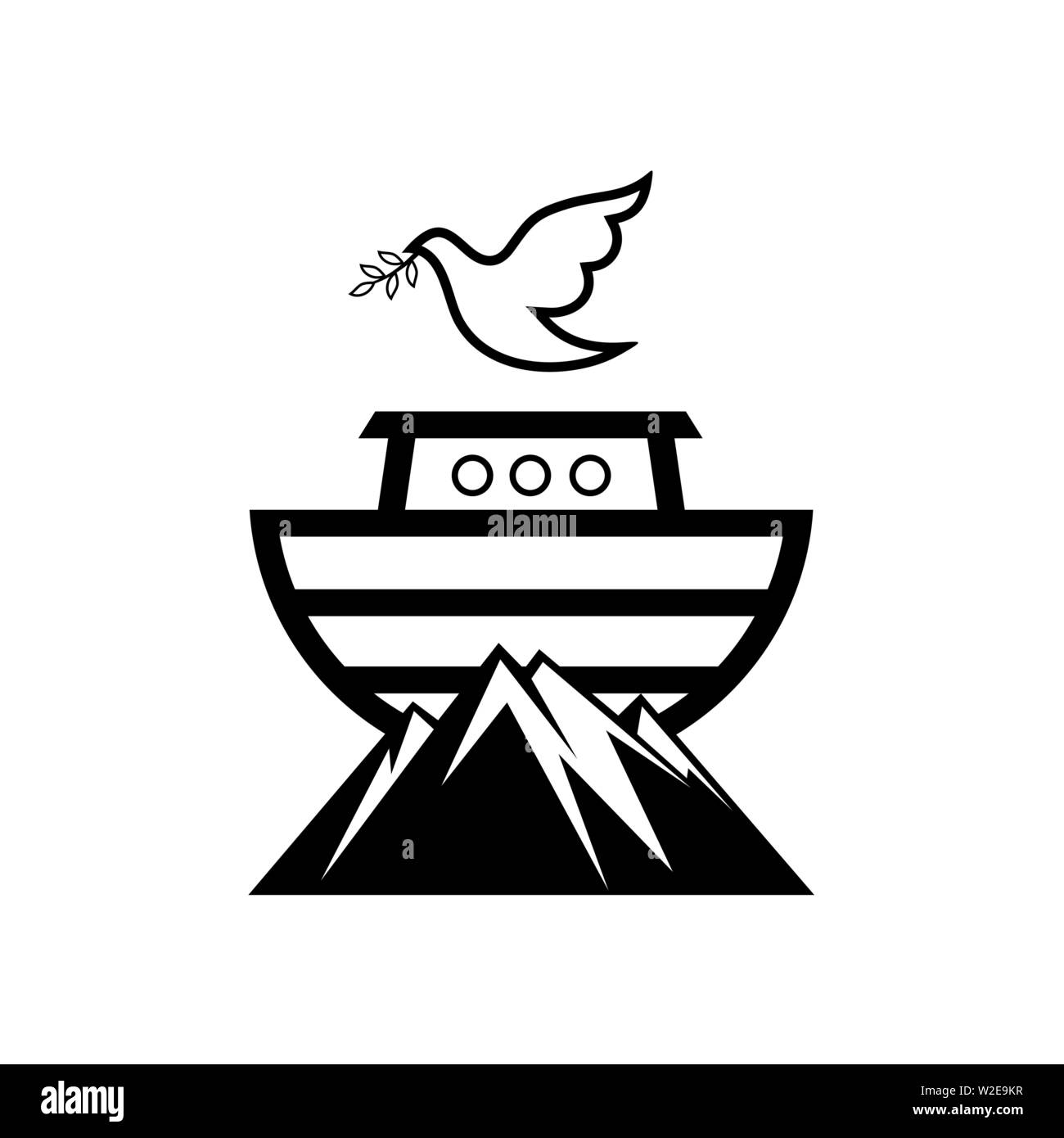 Logo Noah's ark on top of the mountain. Dove with a branch of olive. Ship to rescue animals and people from the Flood. Biblical illustration. Stock Vector